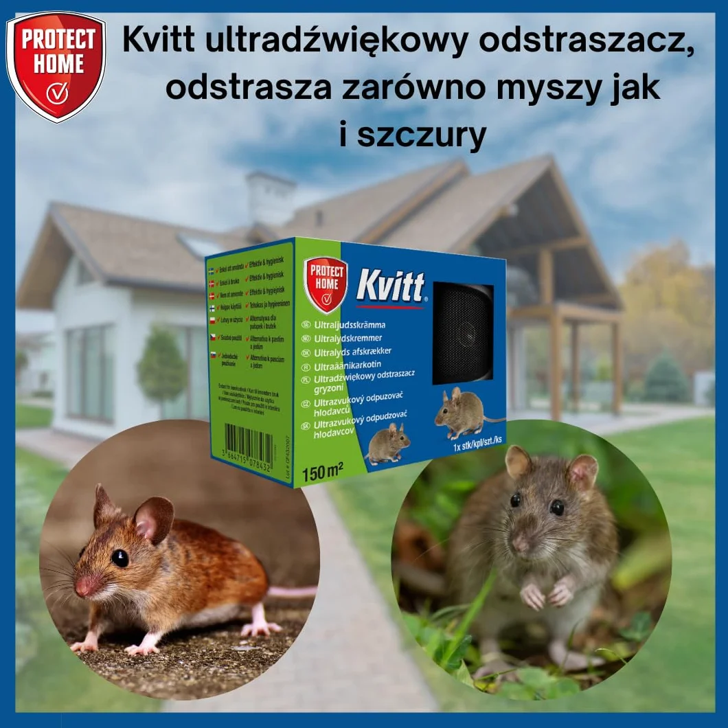 Kvitt Ultradźwiękowy Odstraszacz Gryzoni – Wtykany Odstraszacz Myszy i Szczurów, Zasięg do 150 m², Humanitarna Ochrona przed Szkodnikami, Bez Chemikaliów, Kompaktowy Biały Design