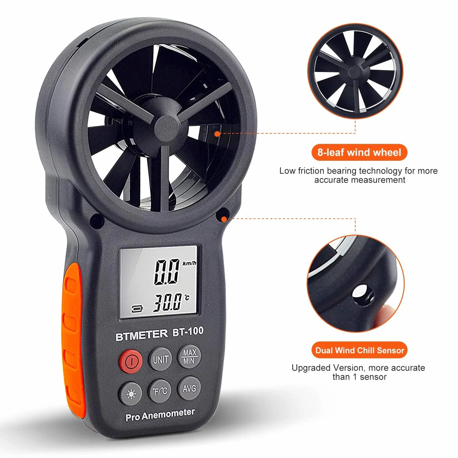 BTMETER BT-100 cyfrowy anemometr ręczny miernik prędkości wiatru 10-45°C