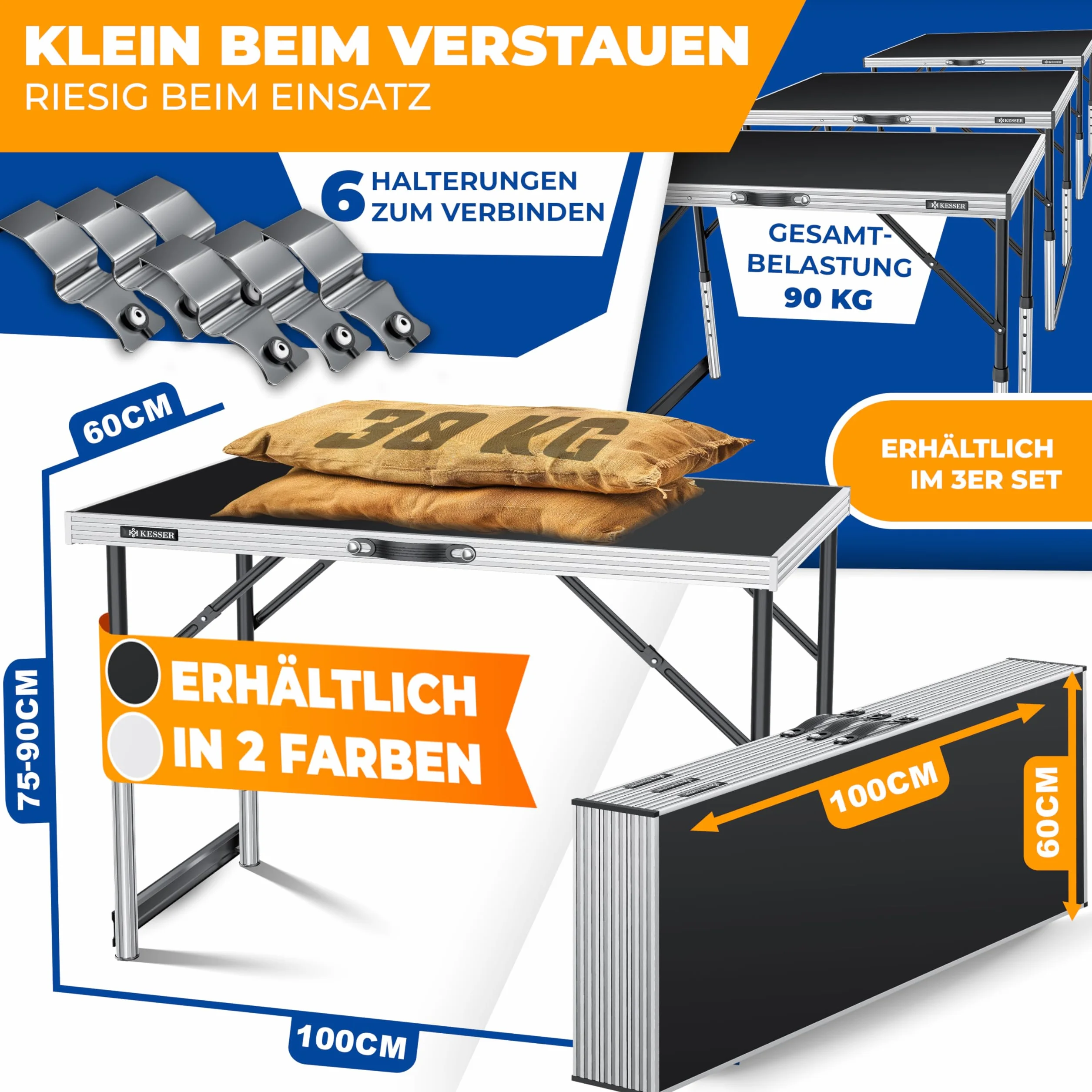 KESSER® Wielofunkcyjny stół profesjonalny, 3-częściowy, 100 x 60 cm, stół do tapetowania, nośność 30 kg, z funkcją wysuwania, składany stół na pchli targ, stolik pomocniczy, stół wielofunkcyjny, stół kempingowy, z regulacją wysokości