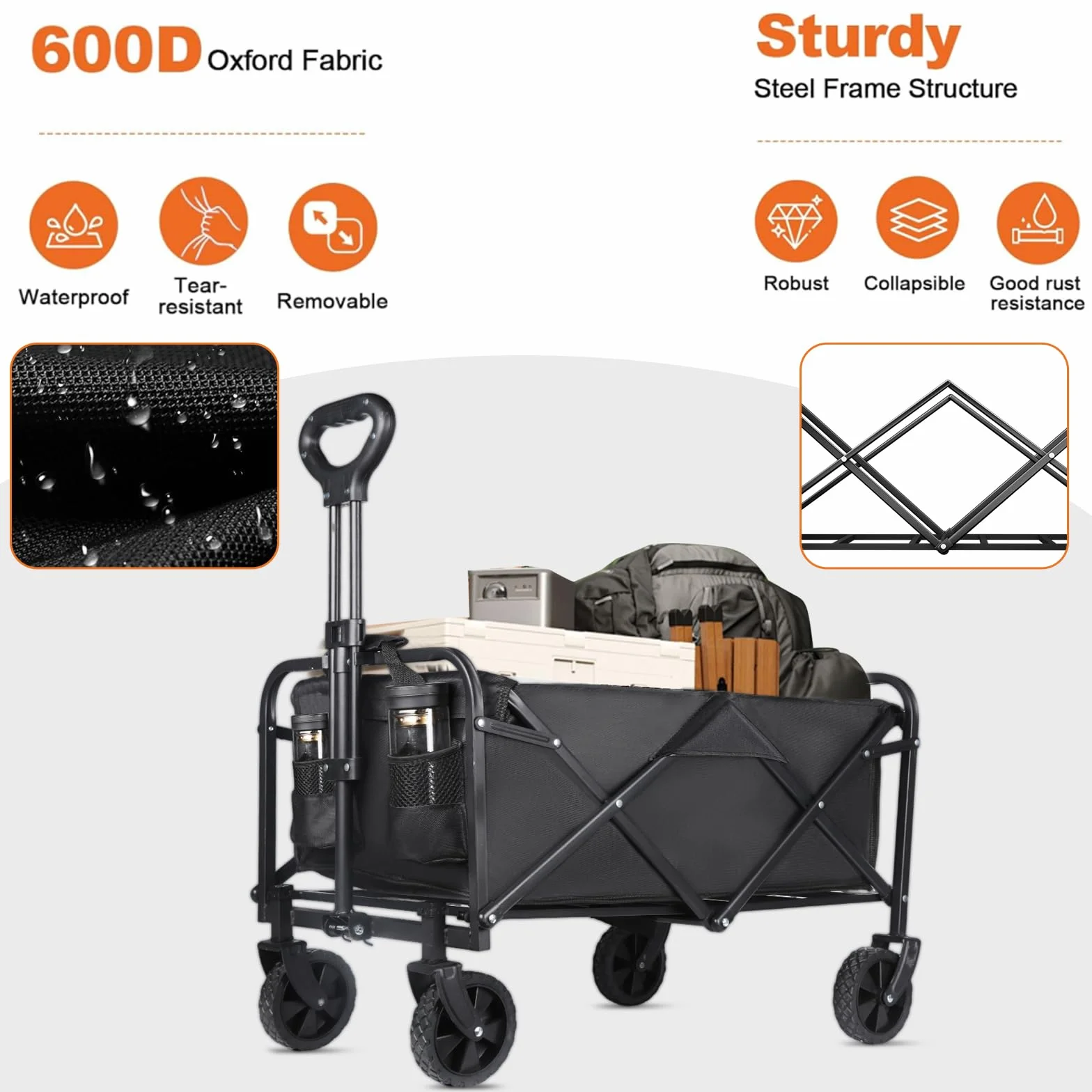 Wózek składany, 100 l, obciążenie 75 kg, koła balustrady 360°, 70 x 43 x 72 cm, składany wózek plażowy z 2 uchwytami na napoje, opony 10 cm, na kemping, plażę, zakupy (czarny)