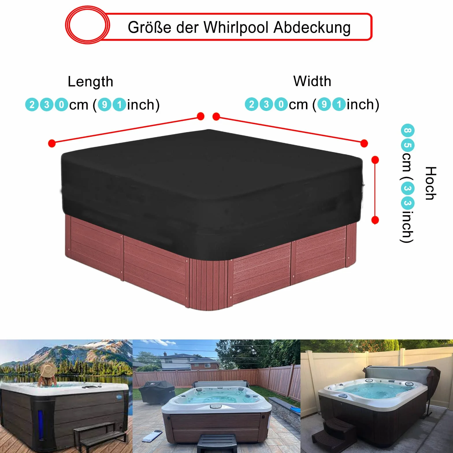 Plandeka do hydromasażu, wodoszczelna, 600D, Hot Tub Cover, osłona SPA, plandeka okryciowa z hydromasażem, ochrona przed wiatrem, promieniowaniem UV, czarna (230 x 230 x 85 cm)