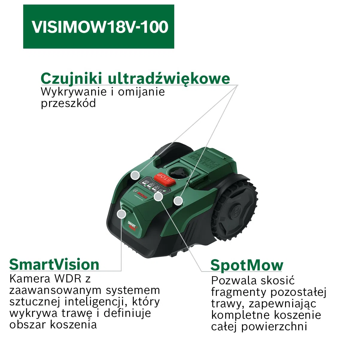 Bosch Akumulatorowy robot koszący VISIMOW18V-100 (do trawników o powierzchni do 100 m², szerokość cięcia: 16 cm, wysokość cięcia: 20 – 60 mm, bez akumulatora)