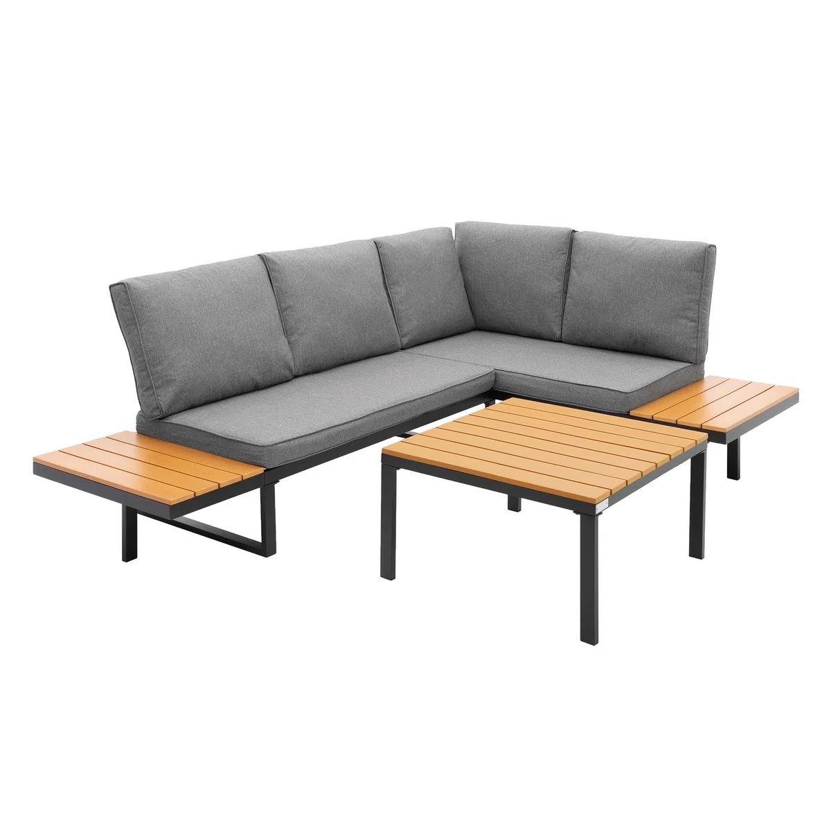 ML-Design Zestaw mebli ogrodowych 3-czesciowy narozny komplet wypoczynkowy taras balkon ogród sofa modulowa szara imitacja drewna poduszki stolik kawowy wodoodporny odporny na warunki atmosferyczne