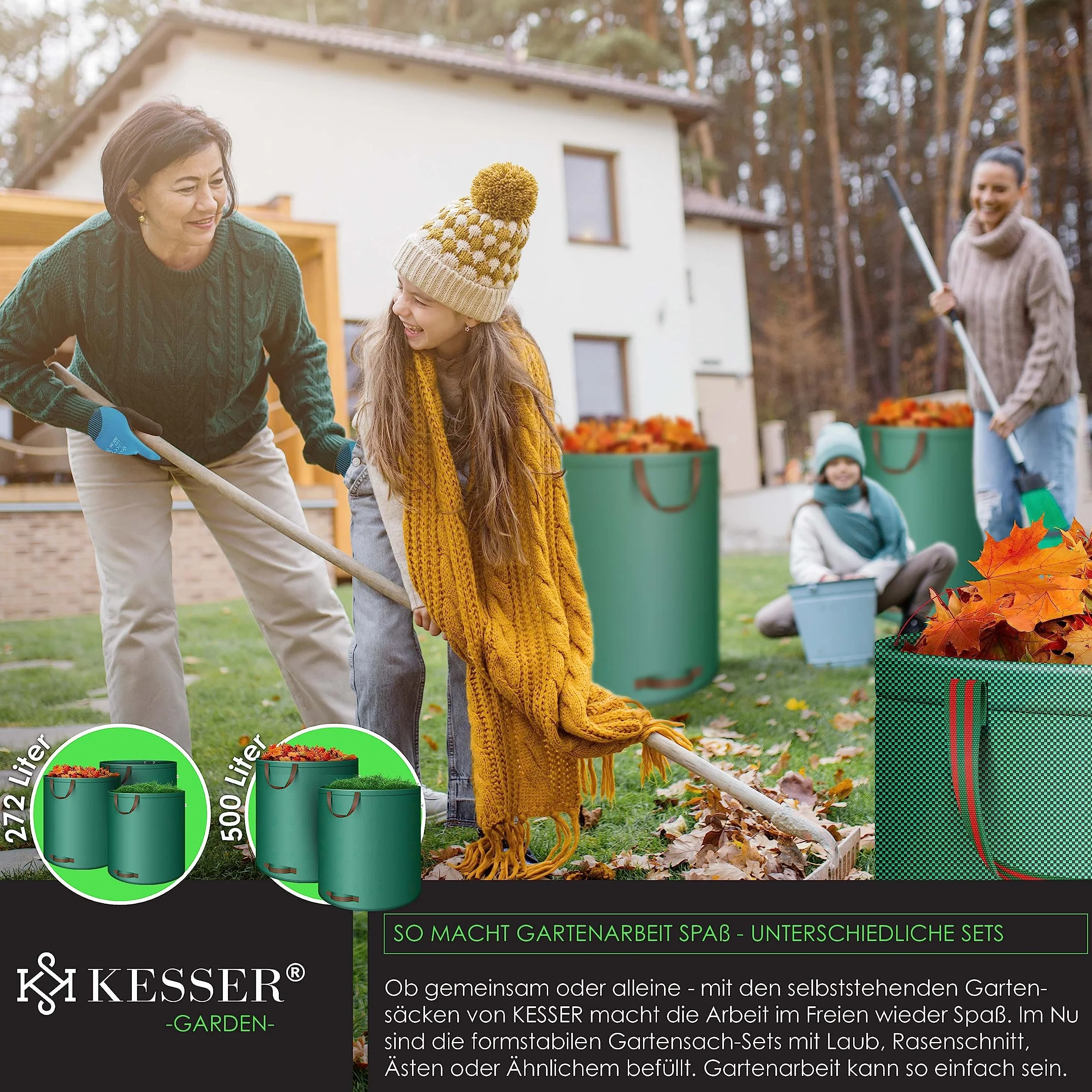 KESSER® Worek ogrodowy, 6 x 500 l, worek na odpady ogrodowe, worek na odpady ogrodowe, w zestawie z rękawicami – wolnostojący, 4 uchwyty, stabilny, wytrzymały i składany – worki na liście do cięcia