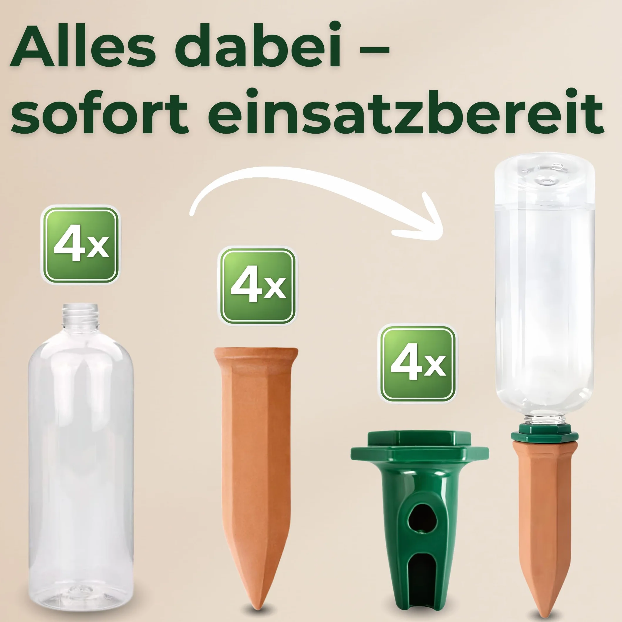 Nawadnianie roślin | stożek gliniany wraz z adapterem i butelkami PET | 750 ml | kolce do nawadniania dla optymalnego nawadniania | zestaw 4 sztuk | dozownik wody | idealny na nieobecność w trakcie