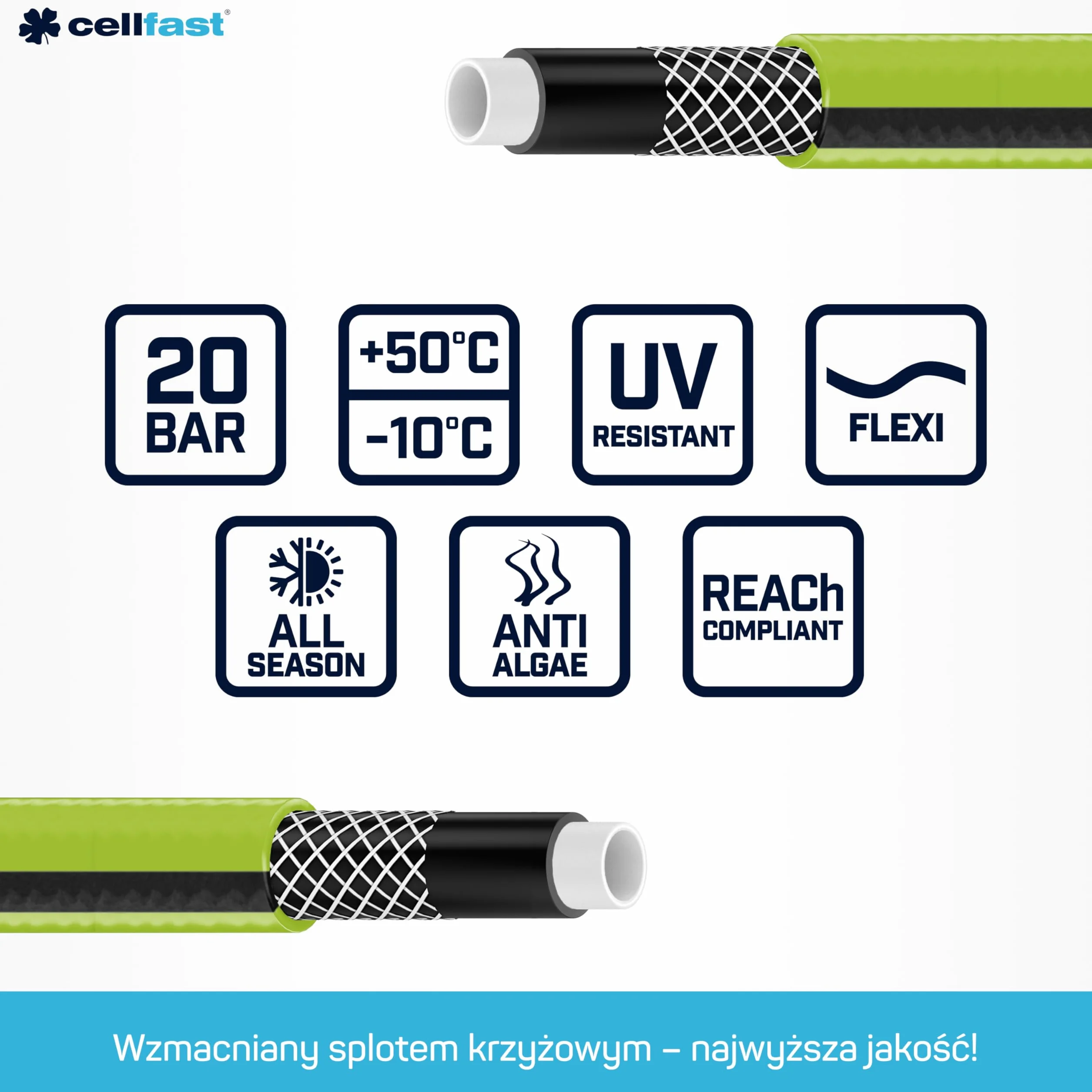 CELLFAST Wąż Ogrodowy 4 Warstwowy Lekki Wytrzymały Odporny Na Promienie UV Oplot Krzyżowy 20 Bar 1 2 Cala 25 Metrów Quattro