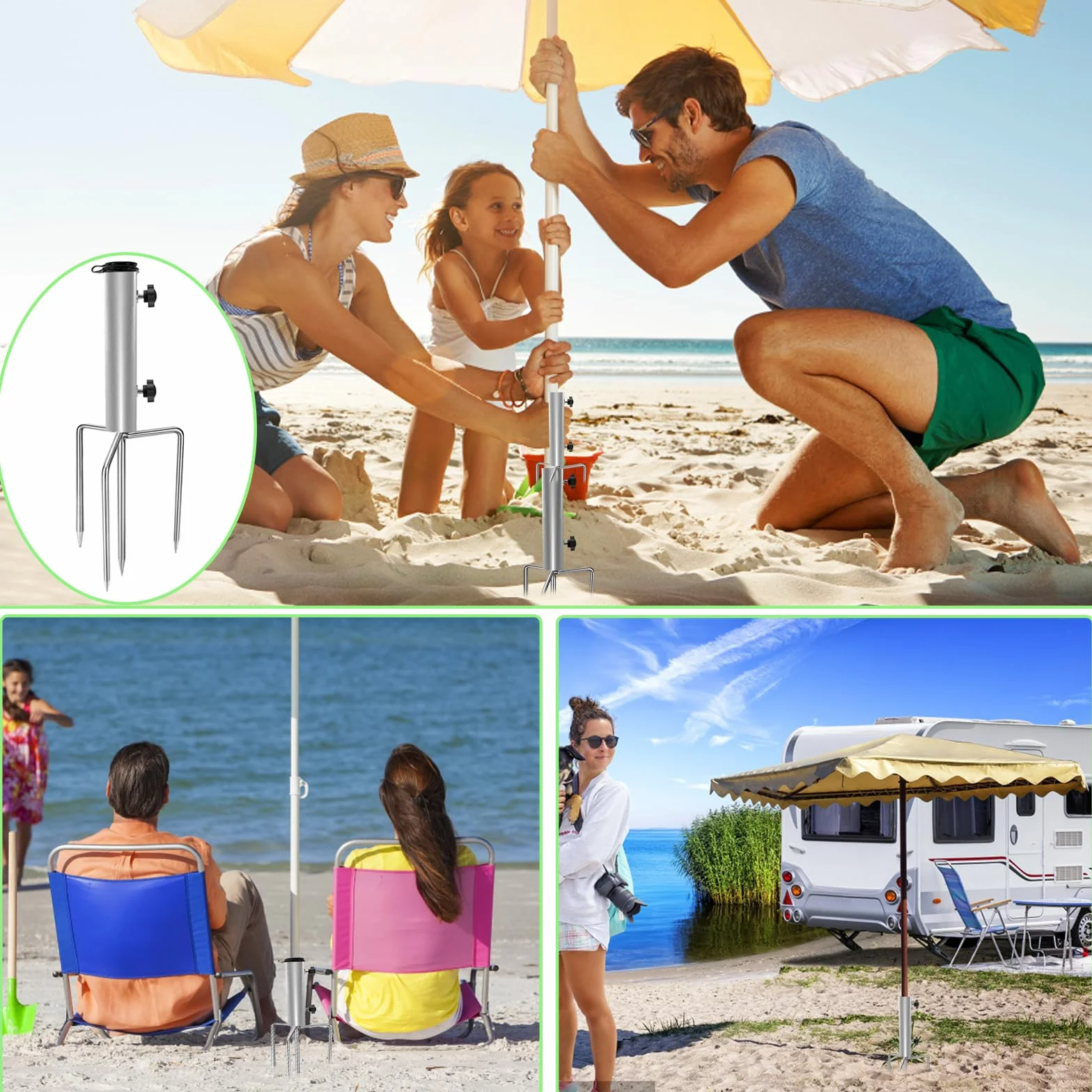 Stojak na parasol z kotwicą podłogową, słupek do parasola plażowego z 4 regulowanymi, zdejmowanymi słupkami, gniazdo uziemienia parasola ze stali nierdzewnej, do ogrodu wędkarstwo plaża trawnik