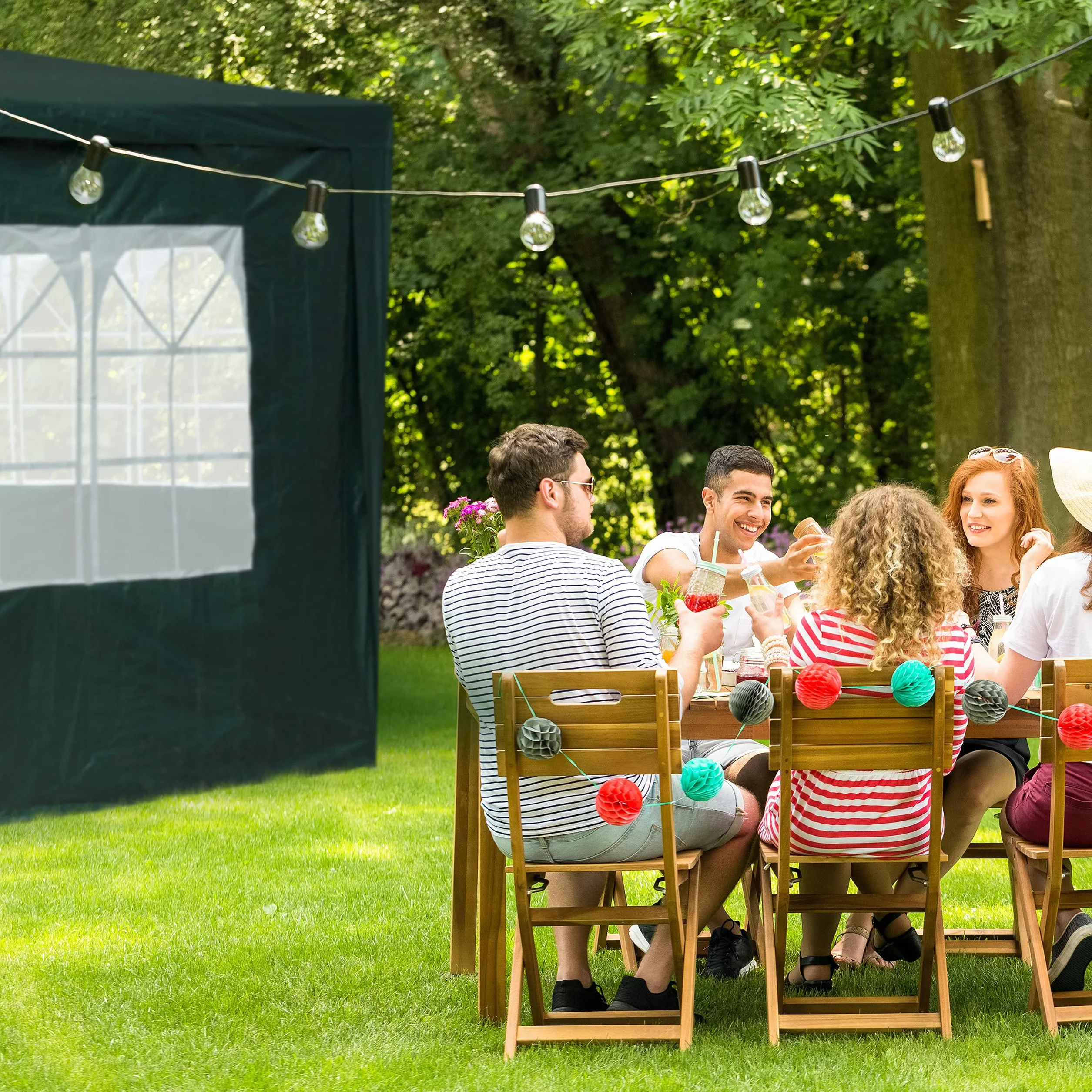 Relaxdays Ściana boczna do pawilonu, zestaw 4 sztuk, 3 ściany, okna, część boczna z zamkiem błyskawicznym, tworzywo sztuczne, wys. x szer. 2 x 3 m, kolor zielony