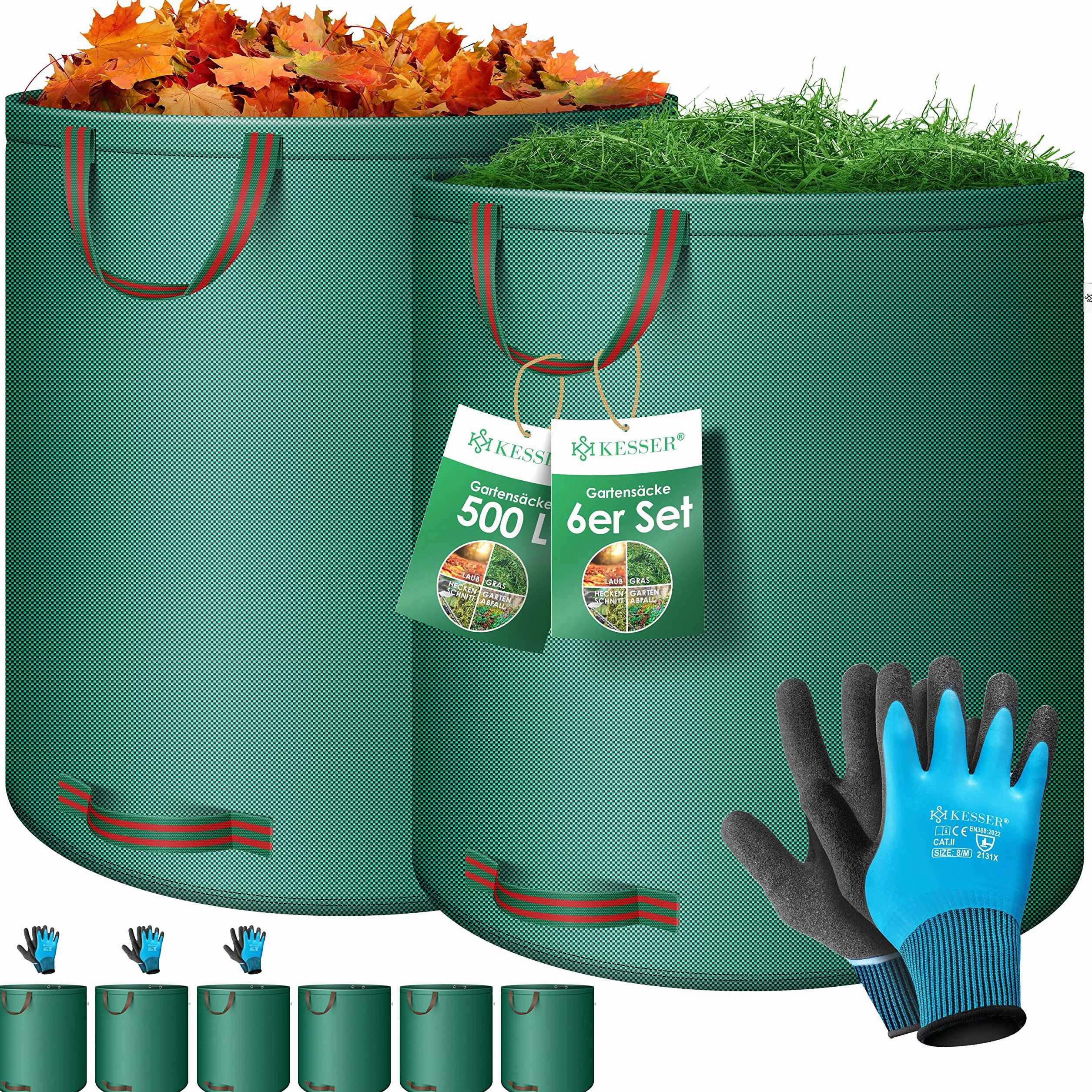KESSER® Worek ogrodowy, 6 x 500 l, worek na odpady ogrodowe, worek na odpady ogrodowe, w zestawie z rękawicami – wolnostojący, 4 uchwyty, stabilny, wytrzymały i składany – worki na liście do cięcia
