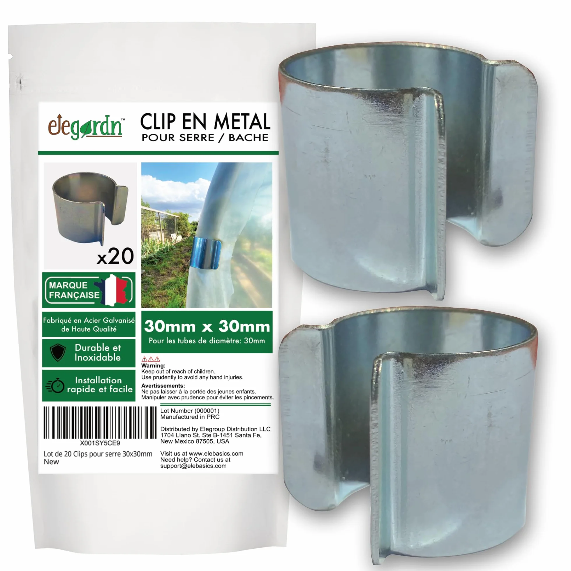 Elegardn Zestaw 20 klipsów szklarniowych 30 mm x 30 mm tunelowe klipsy do szklarni plandeka ogrodowa metalowe powlekane cynkiem