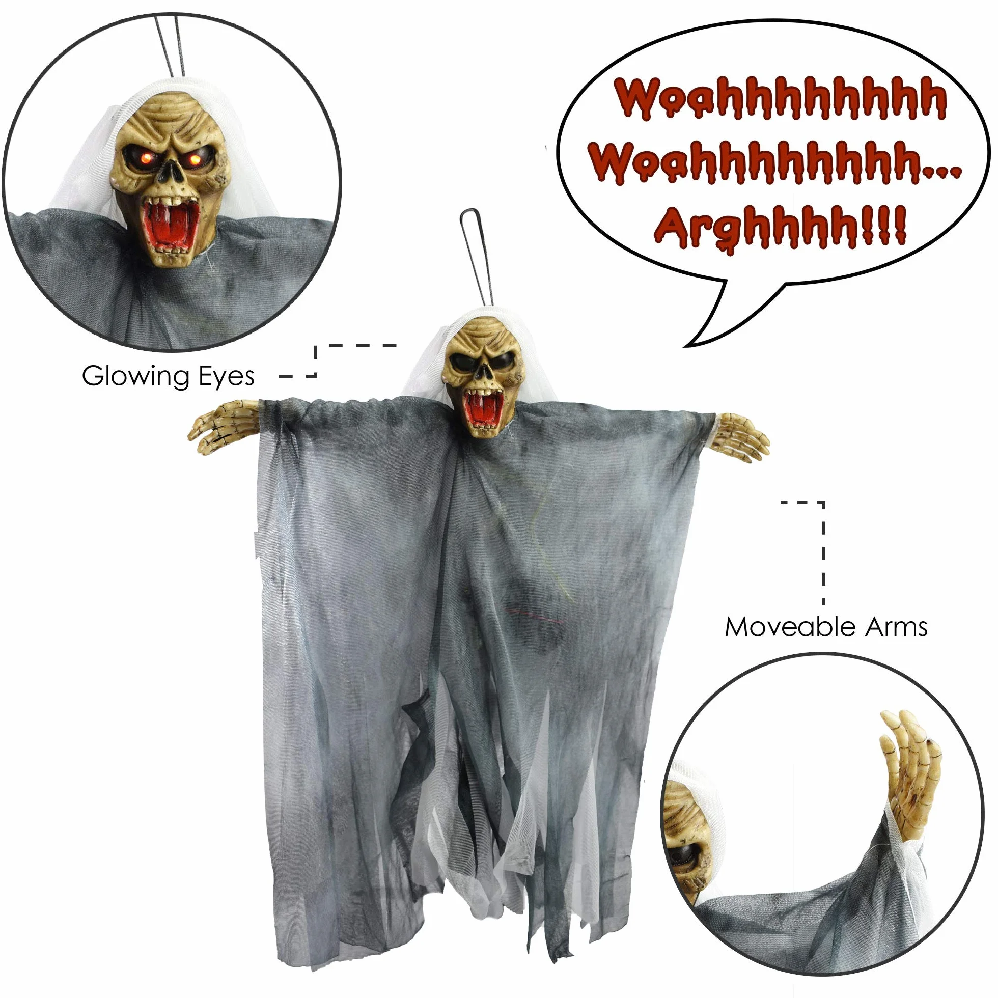 TRIXES Wiszący szkielet czarownicy dekoracja na Halloween, świecące oczy i krzyki, akcesorium na wydarzenie nawiedzonego domu, dekoracja z krzyczącym szkieletem z pętlą do zawieszania - zasilanie