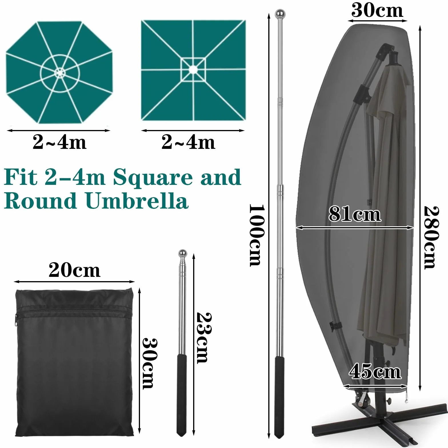 VORHOT duży rozmiar Pokrowiec ochronny na parasol wspornikowy, Plandeka z tkaniny Oxford 420D z prętem, Wodoodporna osłona przeciwśniegowa UV na parasol ogrodowy 280 * 30/81/45 cm