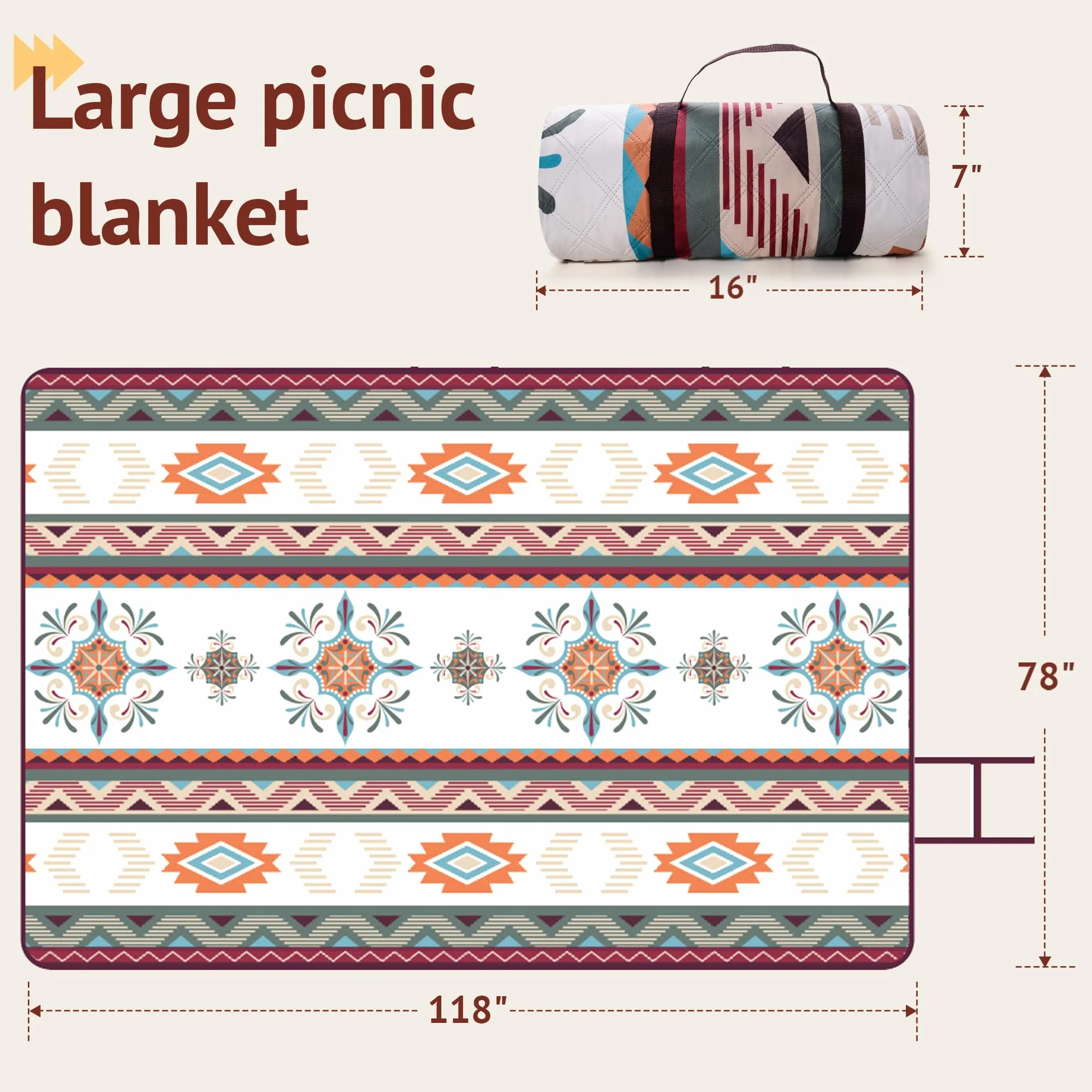 LARUTAN Bardzo duży wodoodporny koc piknikowy 200 x 300 cm, składana, odporna na piasek, mata plażowa z uchwytem do noszenia, nadaje się do prania, na rodzinne wakacje, do ogrodu i na piknik (Seattle)