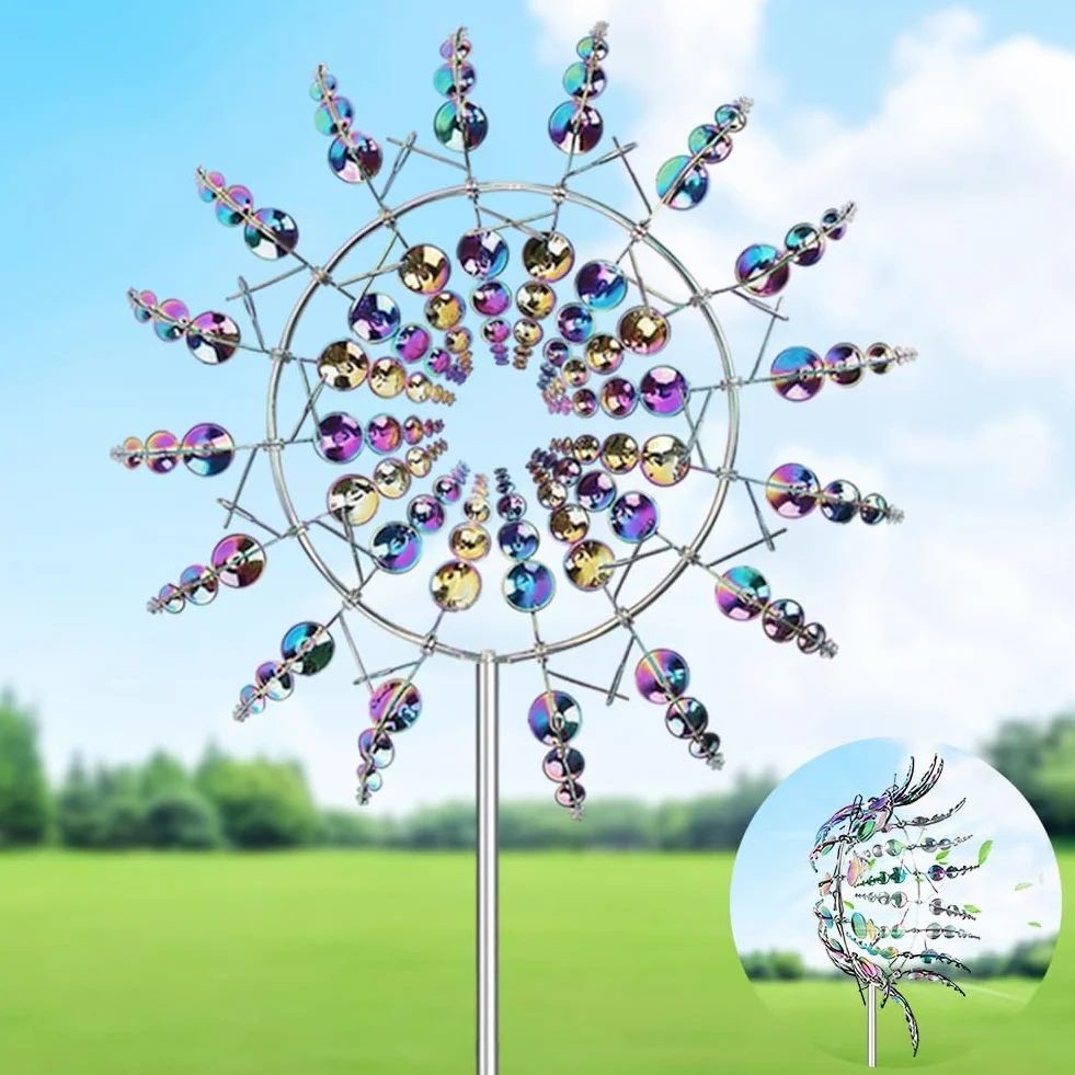 DASIAUTOEM Magiczny wiatrak 3D, ze stali nierdzewnej, dzwonki wietrzne do ogrodu ze słupkiem ogrodowym, spinner wiatrowy do użytku na zewnątrz, podwójny wirnik 360°, kinetyczny spinner wiatrowy na