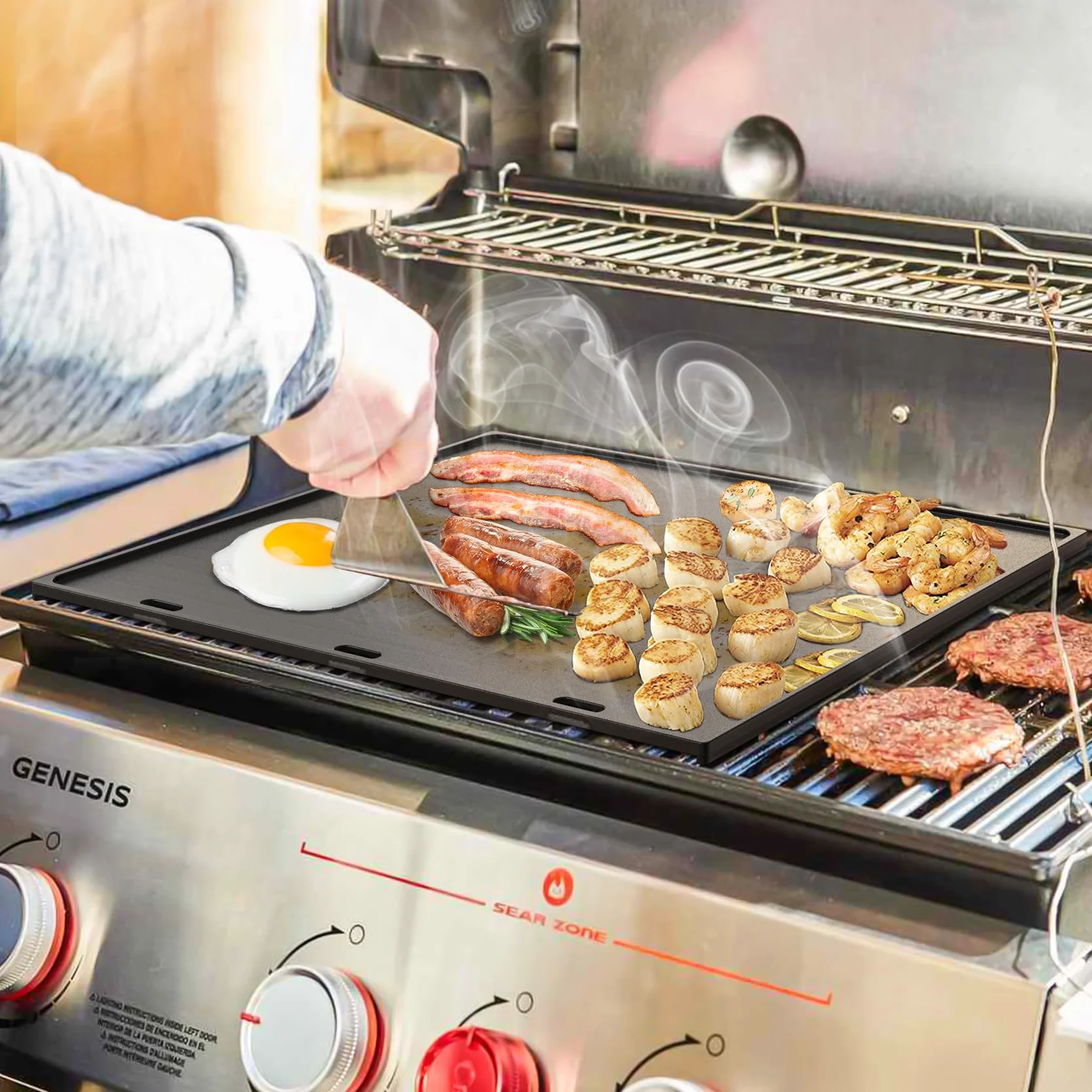 Onlyfire żeliwna płyta grillowa 48,5 x 40 cm, prostokąt, uniwersalna, dwustronna płyta BBQ, płyty grillowe do grilla gazowego, węglowego i elektrycznego, emaliowany żeliwny ruszt do grillowania