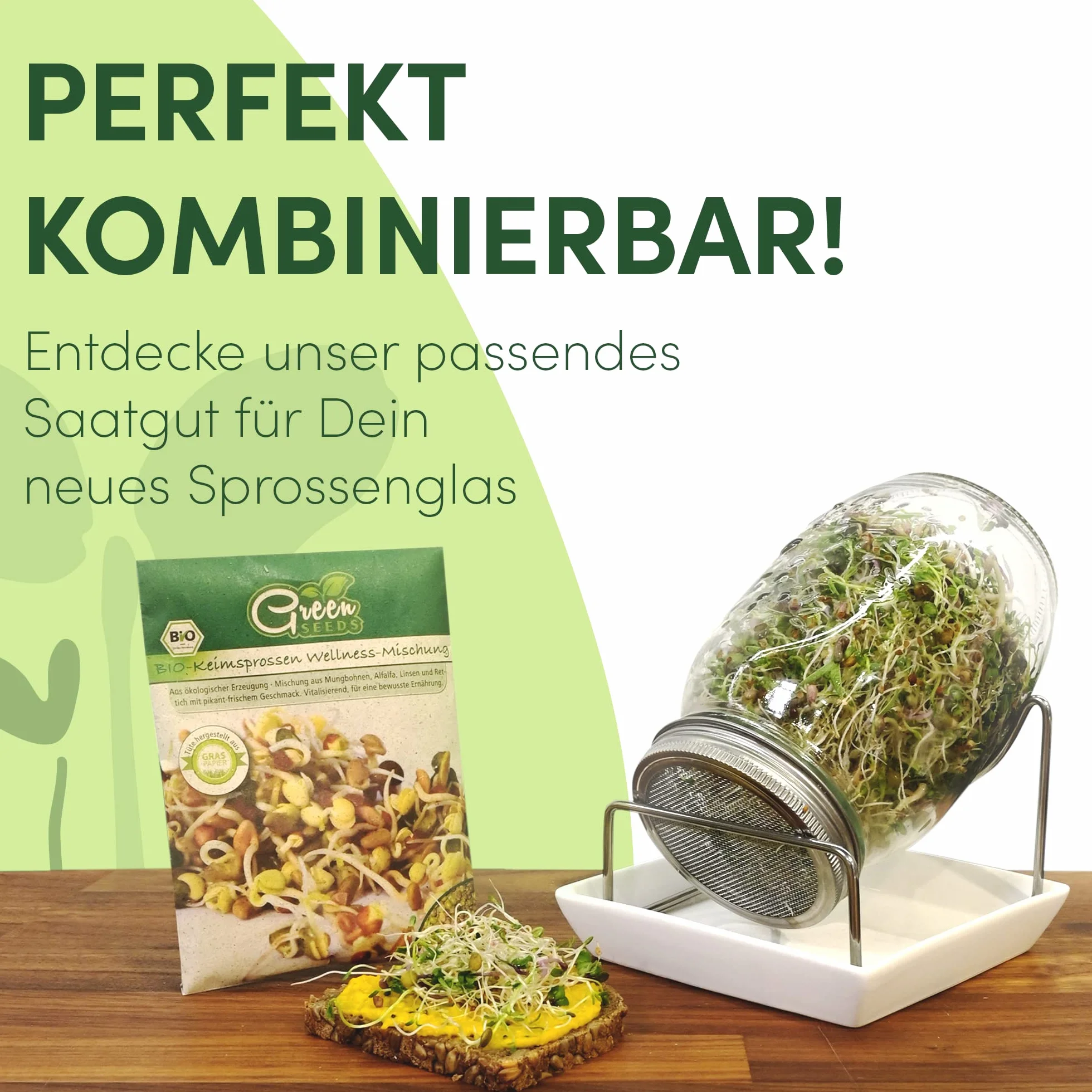 Green SEEDS Oryginalny zestaw startowy ze słoikiem ze szczebelkami + sitkiem do kiełkowania | 1000 ml z wysokiej jakości pokrywą z siatki ze stali nierdzewnej, stojakiem, miską ceramiczną + ABC