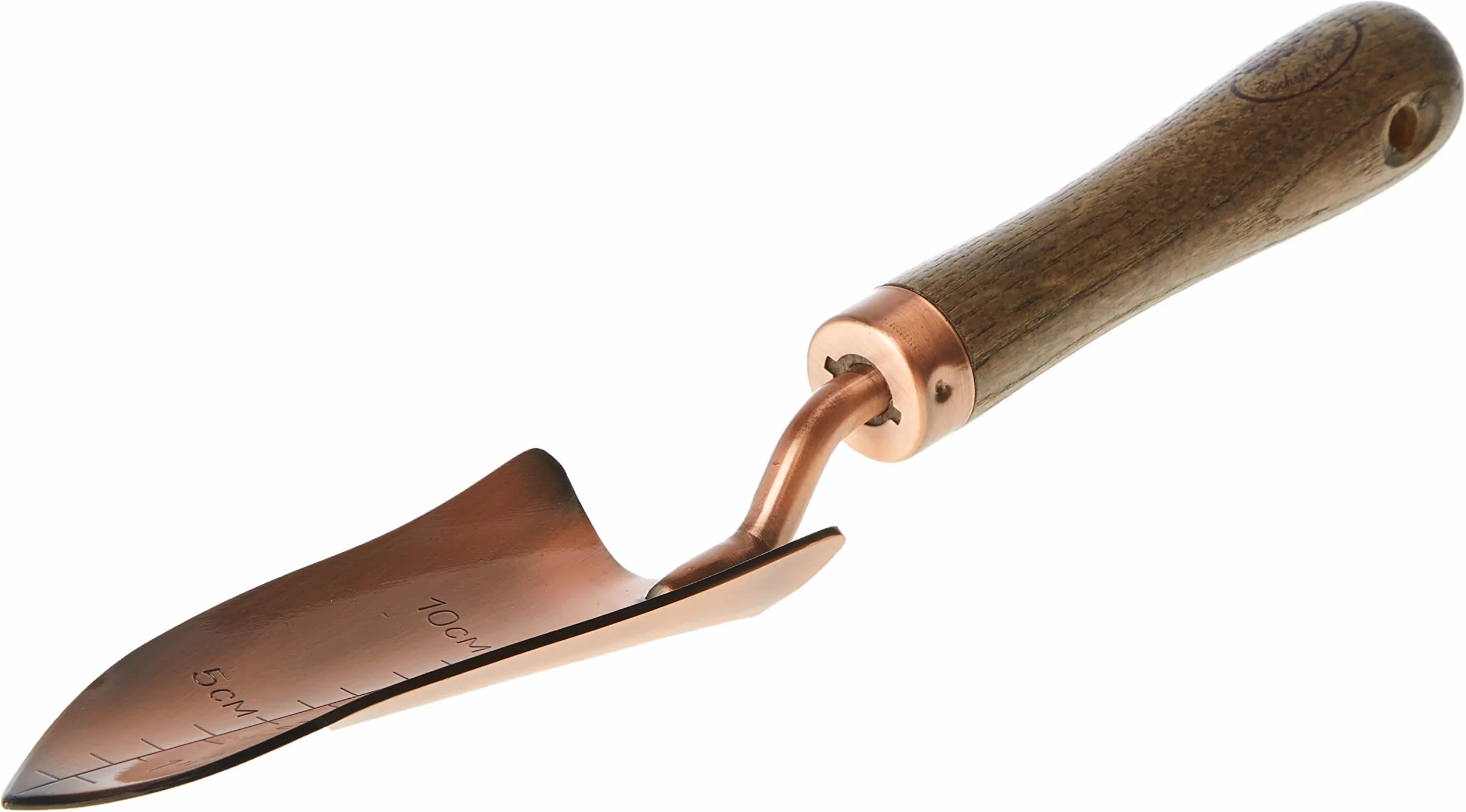 Esschert Design Miedziana łopatka do przesadzania, 6,2 x 4,2 x 33 cm, ze skalą, z drewnianym uchwytem i zaczepem do zawieszania