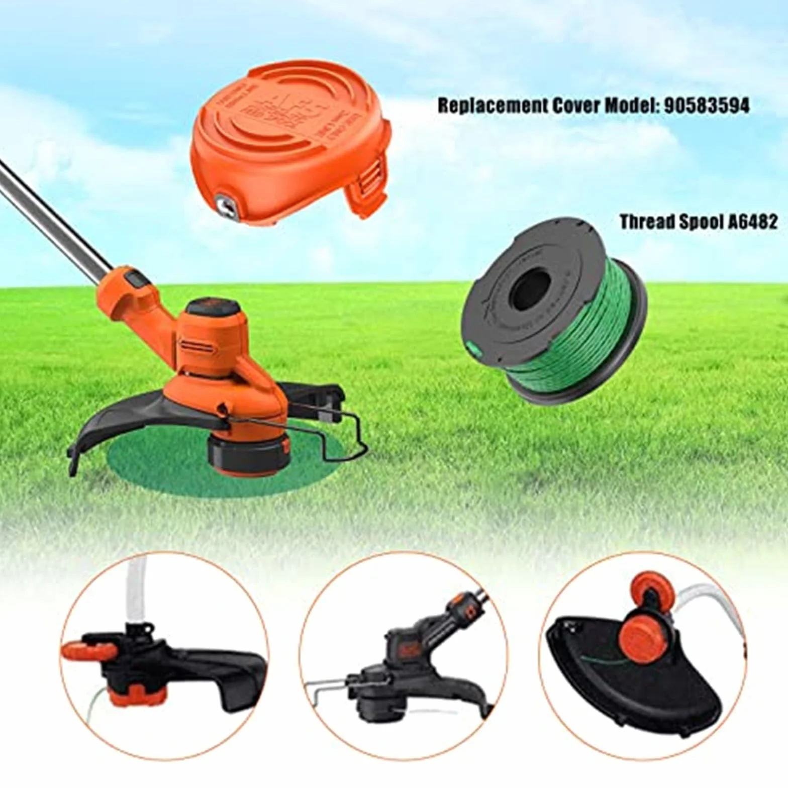 Żyłka do podkaszarki, do Black and Decker, 2 mm, 20 stóp, szpule zamienne z automatycznym podawaniem, do GL7033 GL8033 GL9035, nasadka do podkaszarki, do 90583594 (4 szpule + 1 nasadka) Szpula