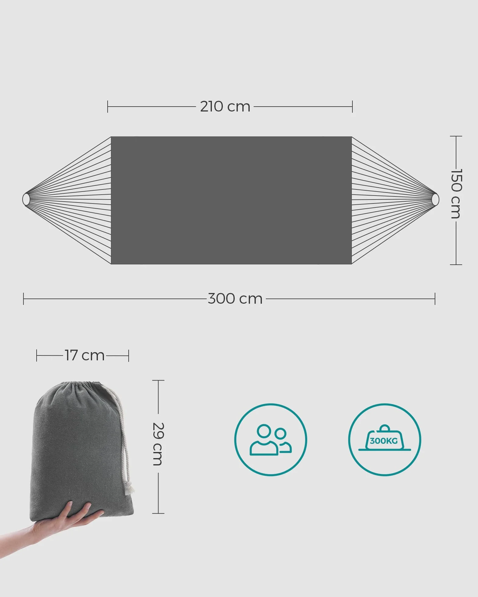 SONGMICS Hamak, 210 x 150 cm, Podwójny, Obciążenie 300 kg, Do Ogrodu, Tarasu, Balkonu, Aktywności Na Świeżym Powietrzu, Kempingu, Z Torbą, Pasami Mocującymi i Karabińczykami