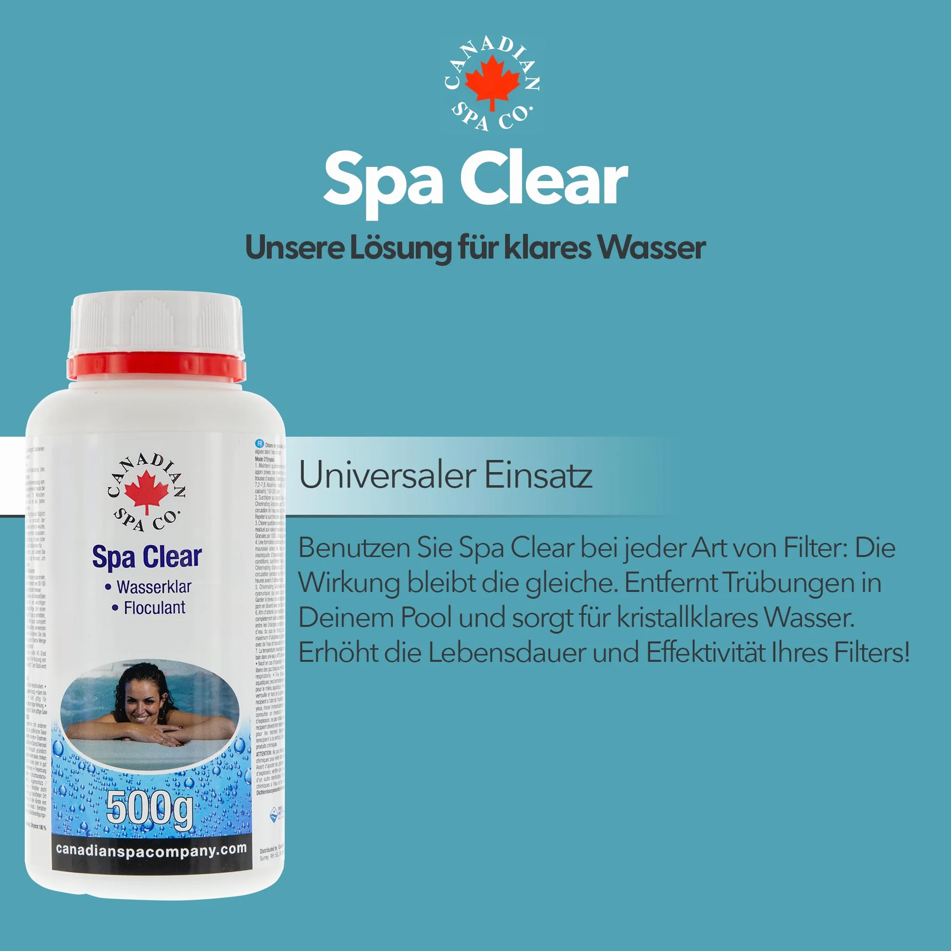 CANADIAN SPA CO. Hot Tub Clear 500 ml, środek klarujący do basenów zapewniający krystalicznie czystą wodę, zapobiega zmętnieniu, do wszystkich typów filtrów
