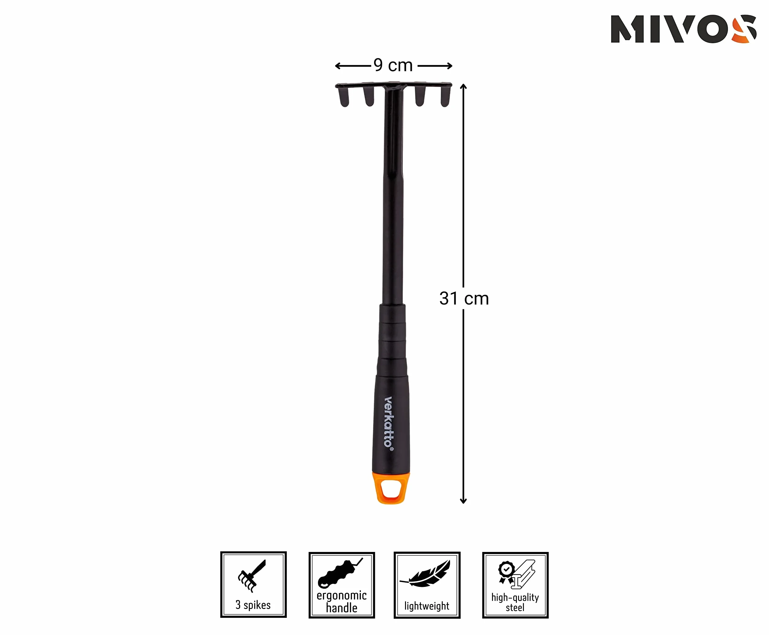 Mivos Zestaw Małych Narzędzi Ogrodniczych ze Stali, 3 elementy/Motyka z Kolcami, Łopatka, Grabki/Komplet 3 narzędzi dla Ogrodnika, Dziecka/Do Pielęgnacji Ogrodu