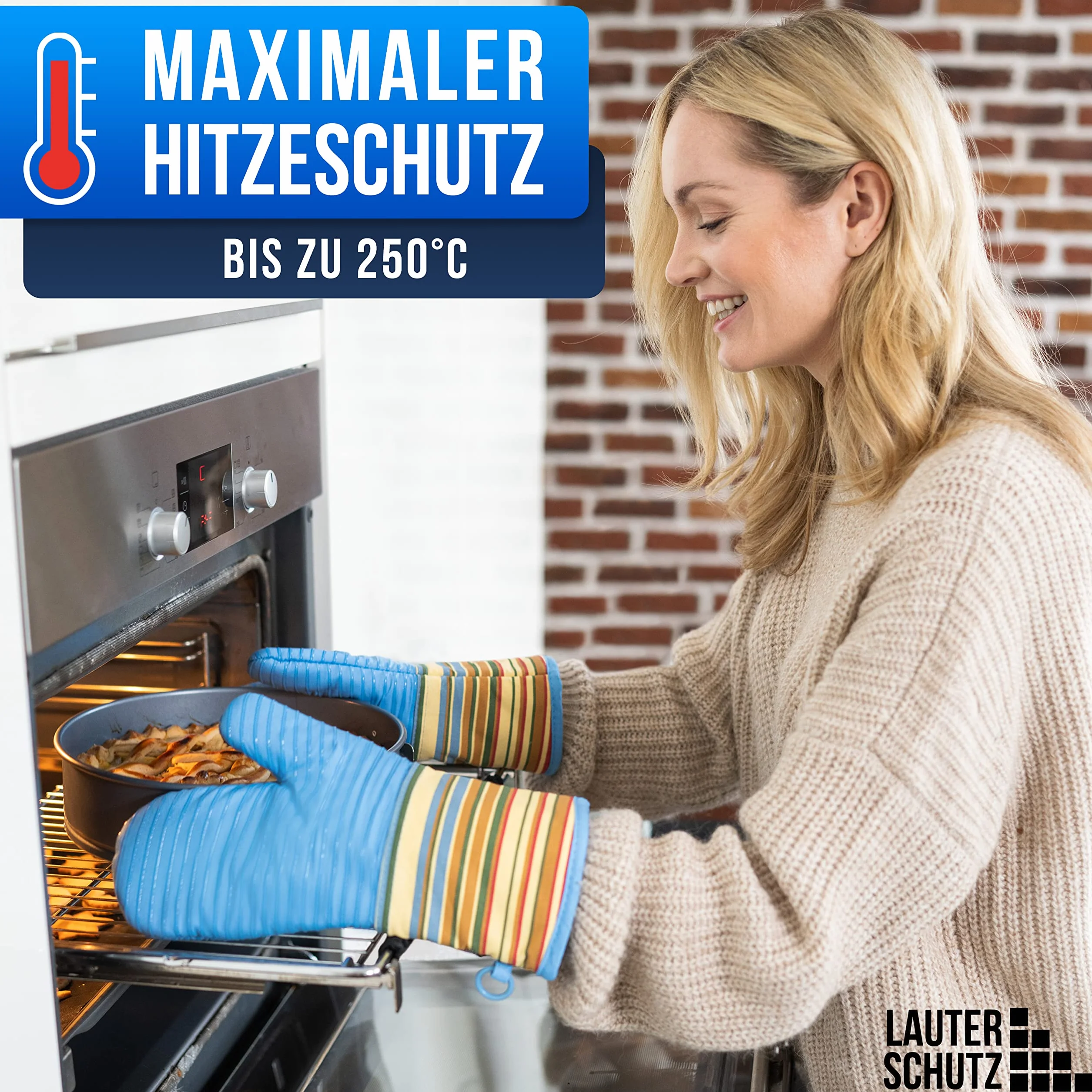 LAUTER SCHUTZ ® rękawice kuchenne w parze, z powłoką silikonową zapewniającą optymalną przyczepność i odporność na wysokie temperatury (ciepło kontaktowe: 250°C), nadają się do kuchni i grillowania, kolor tęczowy.