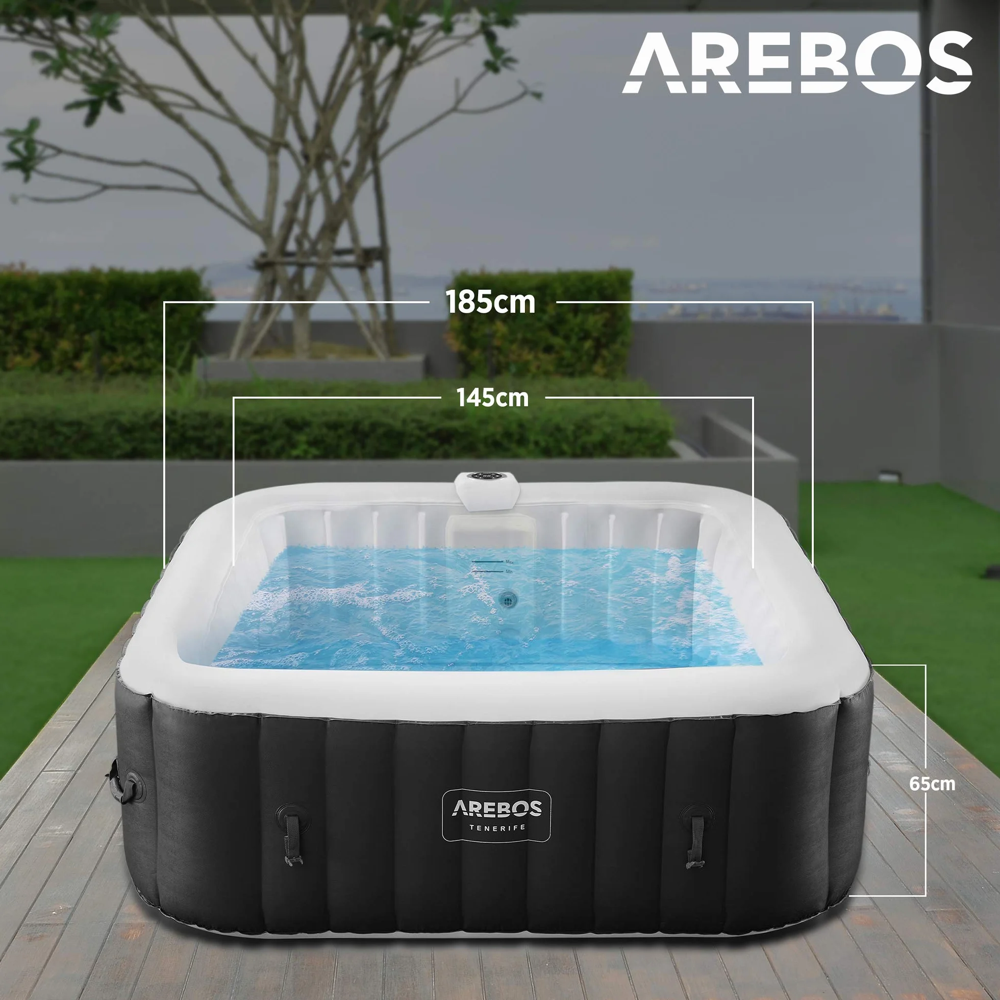 Arebos Nadmuchiwane Spa | Automatyczny nadmuchiwany | Wnętrze i zewnętrze | 185x185cm | 6 osób | Listwa świetlna LED | 130 dysz masujących | 910 L | z pokrywką | Masaż Bubble Spa i Wellness
