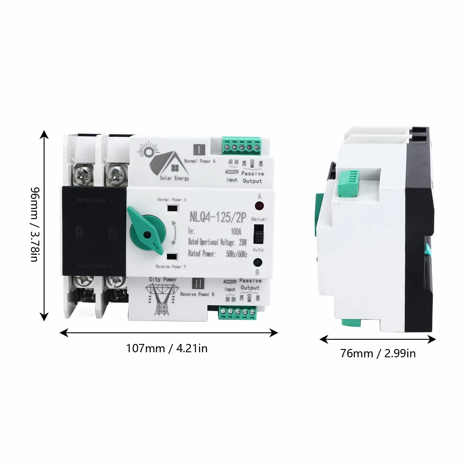 Dual Power automatyczny przełącznik transferowy 230 V 2P 100 A izolacja PC szyna DIN ATS wyłącznik prądu awaryjnego przełącznik sieciowy NLQ4-125/2P do fabryk, centrów handlowych