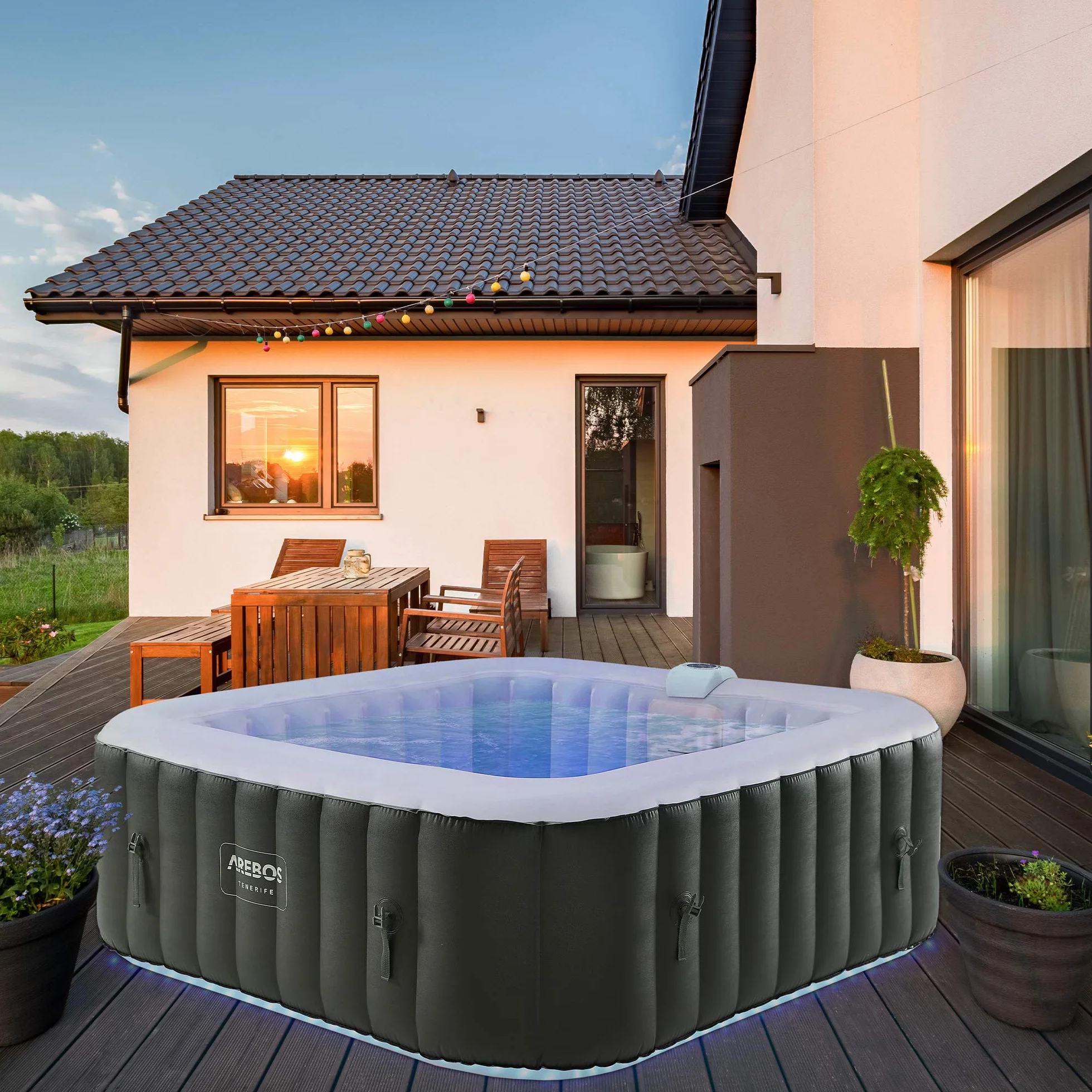 Arebos Nadmuchiwane Spa | Automatyczny nadmuchiwany | Wnętrze i zewnętrze | 185x185cm | 6 osób | Listwa świetlna LED | 130 dysz masujących | 910 L | z pokrywką | Masaż Bubble Spa i Wellness