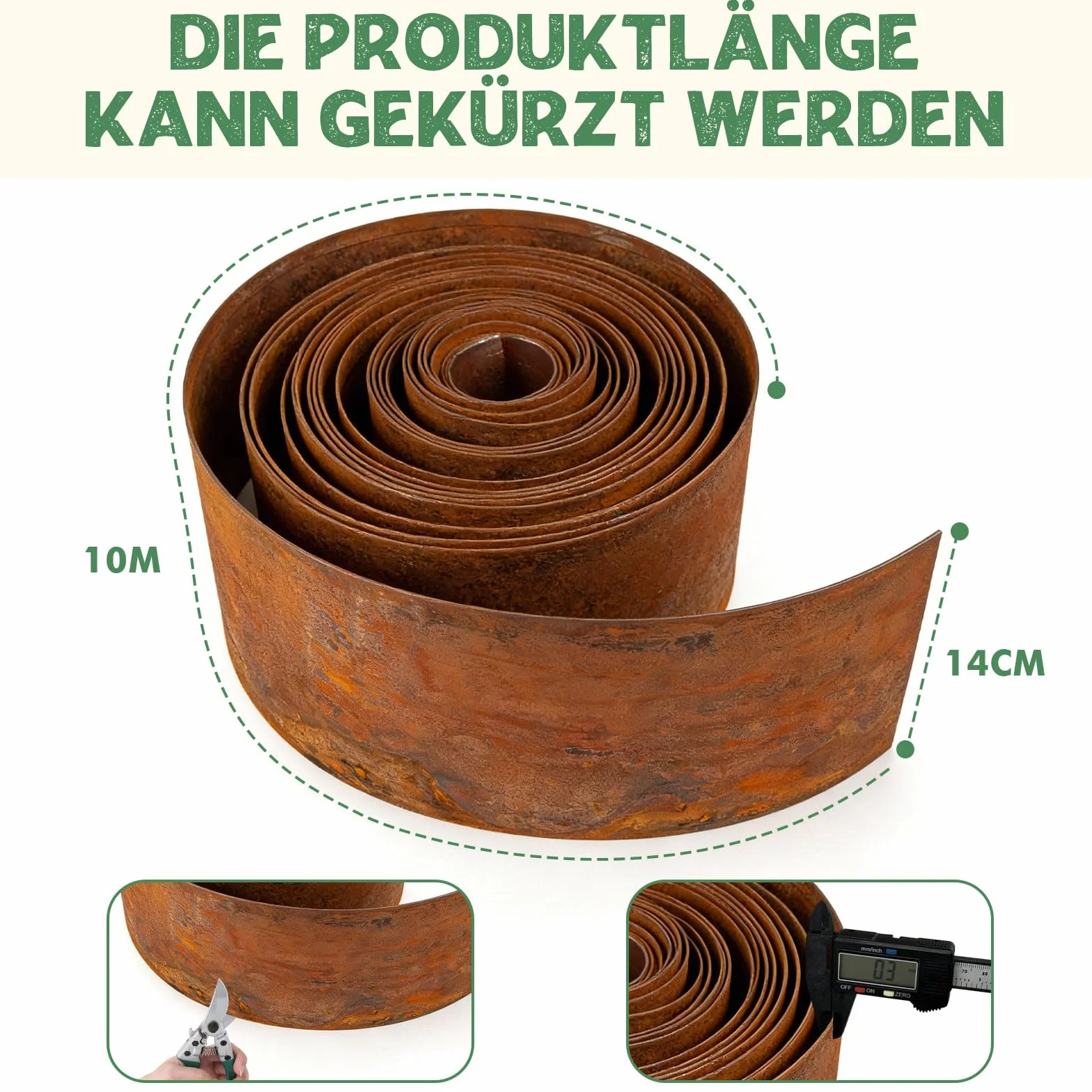 Krawędź trawnika ze stali Cortena, 10 m x 14 cm wysokości, krawędzie trawnika, stal Corten, elastyczne obramowanie rabatek, ruszt do zawężania grządek kwiatowych, ścieżek ogrodowych (10 m ×