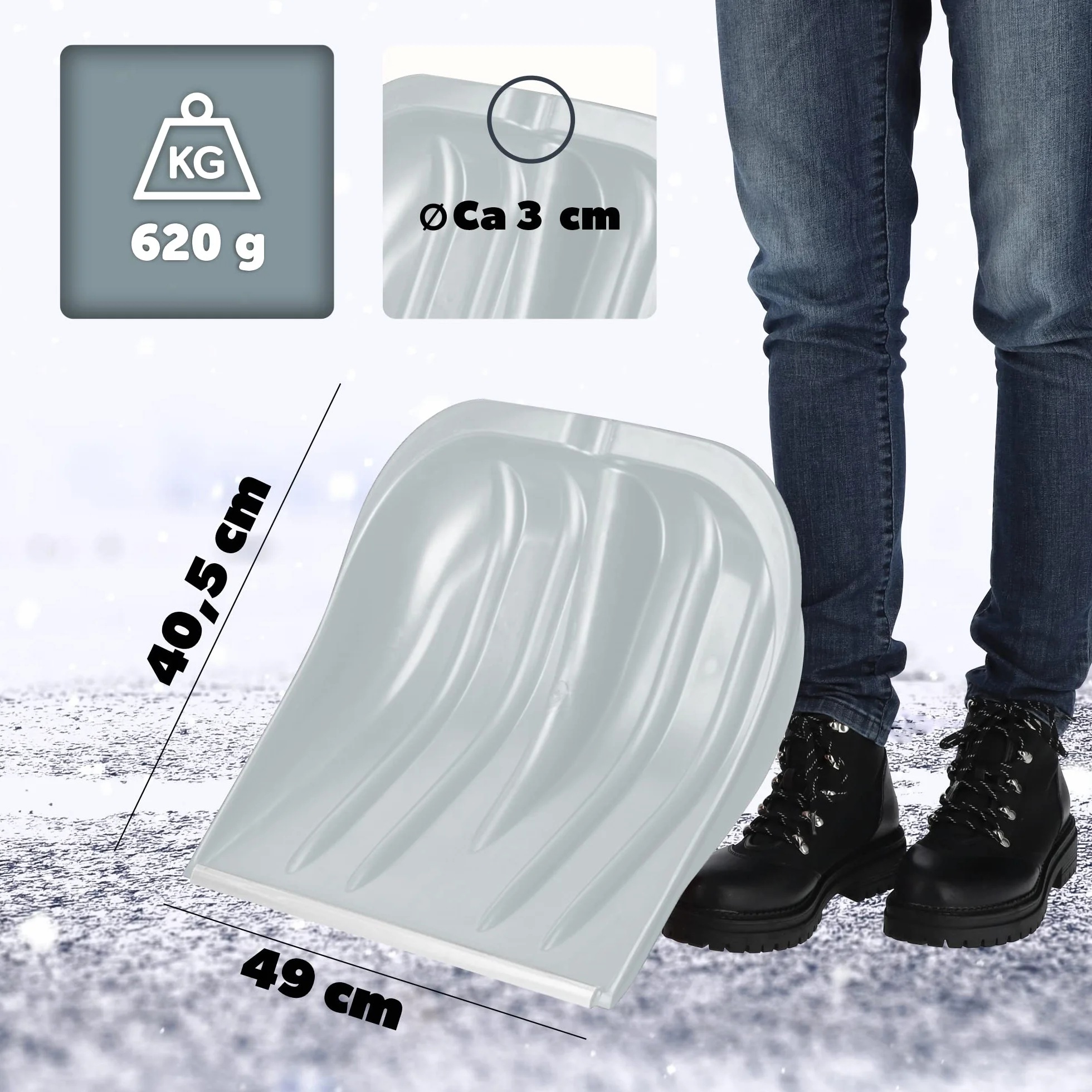 KADAX Łopata do śniegu 49 cm szerokości szufla bez trzonka z tworzywa sztucznego srebrna aluminiową krawędzią