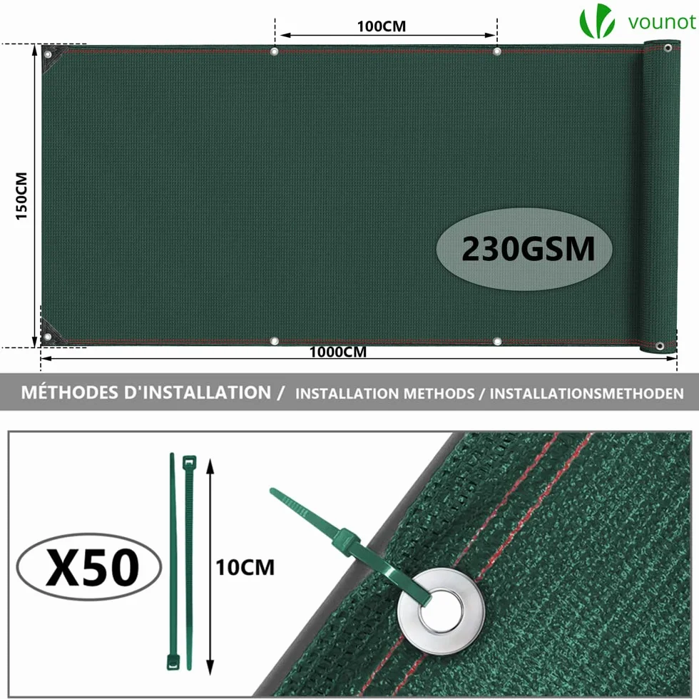 VOUNOT Siatka maskująca HDPE 1,5x10m 230g/m² 95% zacienienia odporna na UV zielona