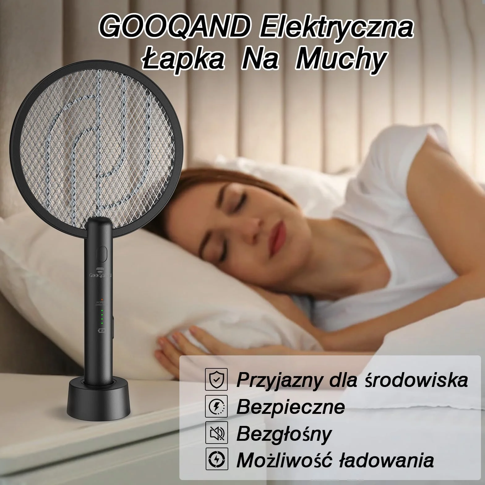 Elektryczna packa na muchy, GooQand 4000V Fly Killer Electronic z rakietą na muchy USB 2 w 1, poręczna packa na komary z 3-warstwową siatką ochronną do biwakowania wewnątrz i na zewnątrz, czarna，2szt