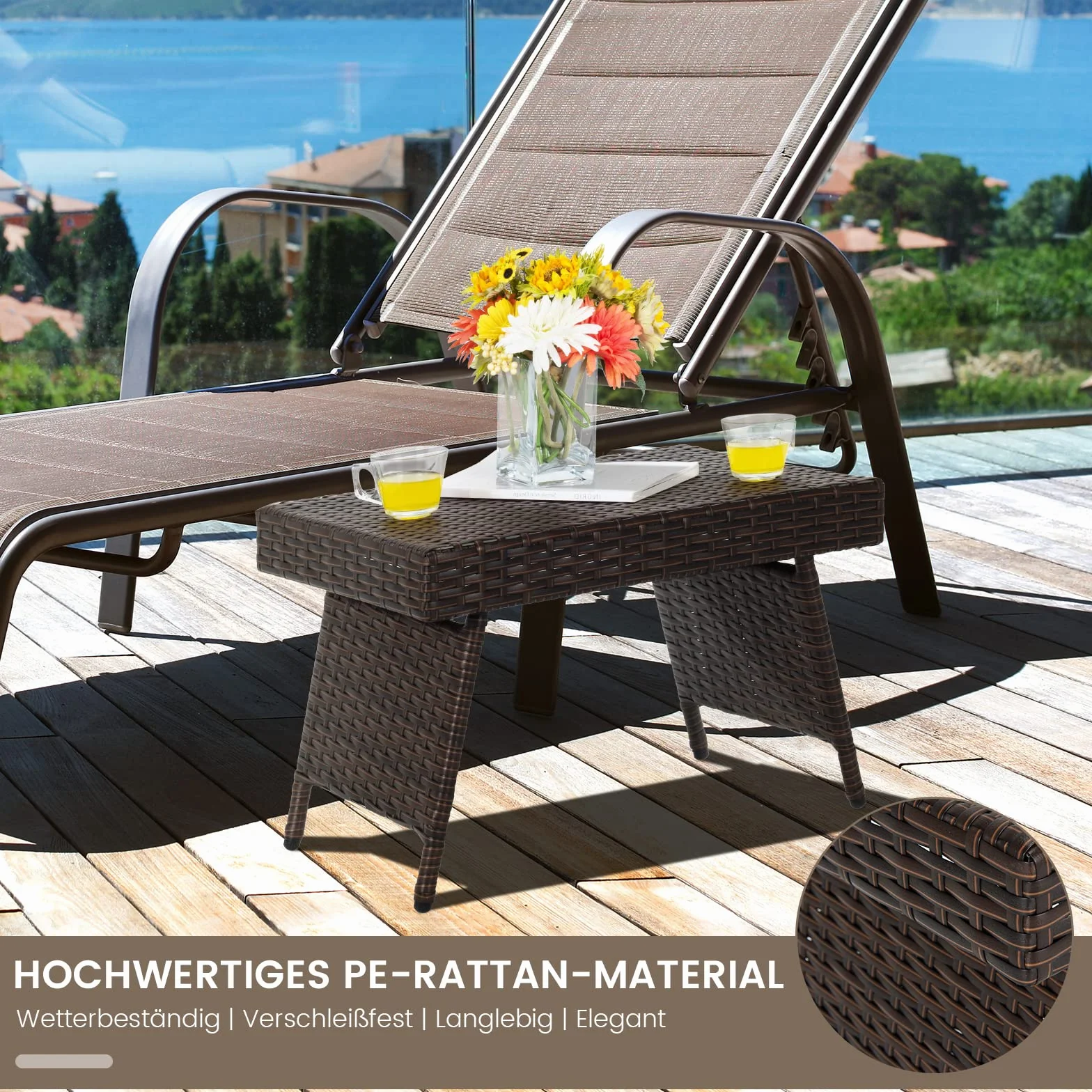 GOPLUS Stolik pomocniczy z polirattanu, składany, mały ogrodowy stół z metalowym stelażem, 60 x 40 x 40 cm, rattanowy stół bistro, balkonowy, kawowy do salonu i na taras