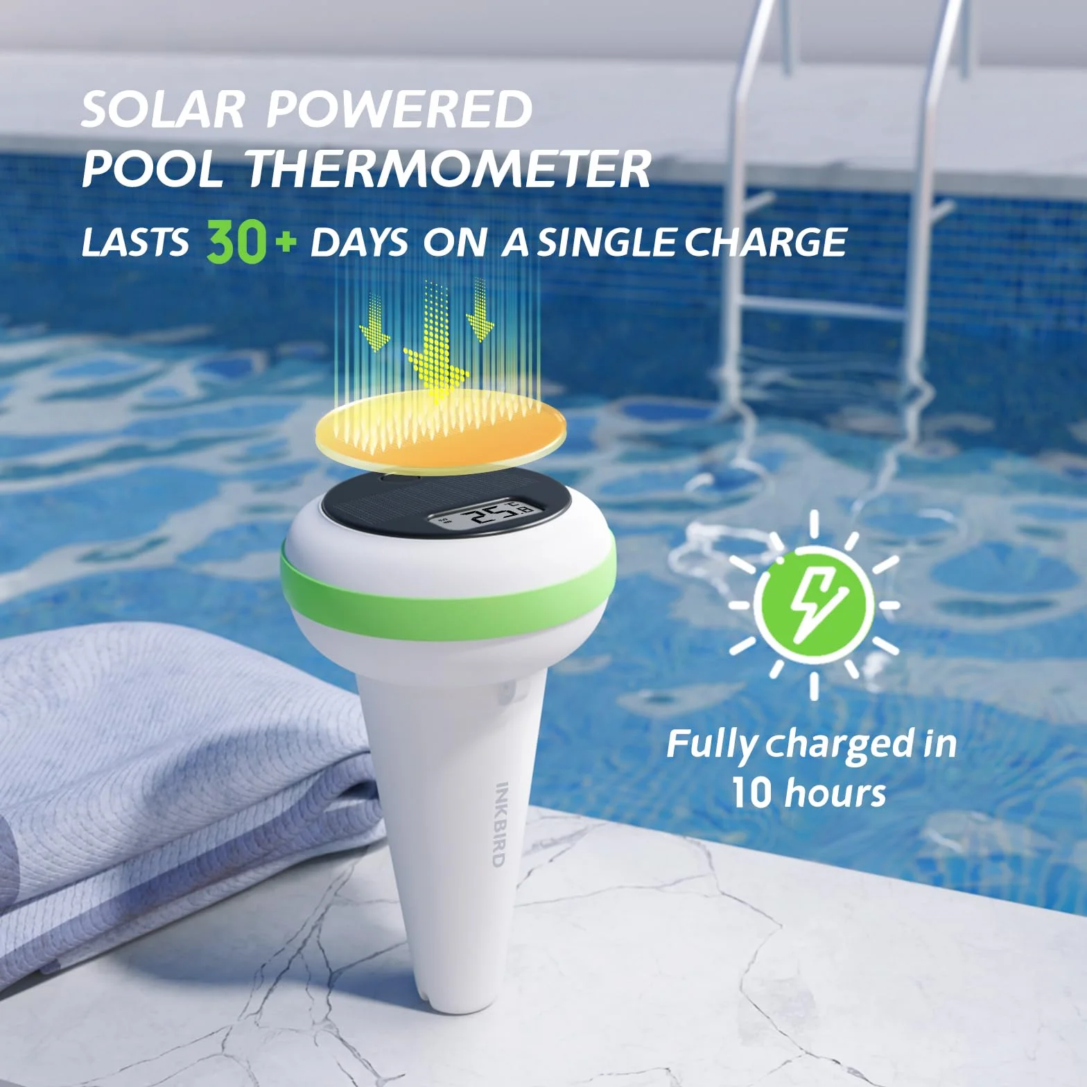 Inkbird IBS-P03R Solarny bezprzewodowy termometr basenowy, wodoodporny termometr basenowy IP68 z wewnętrznym monitorem do basenu, spa, stawu