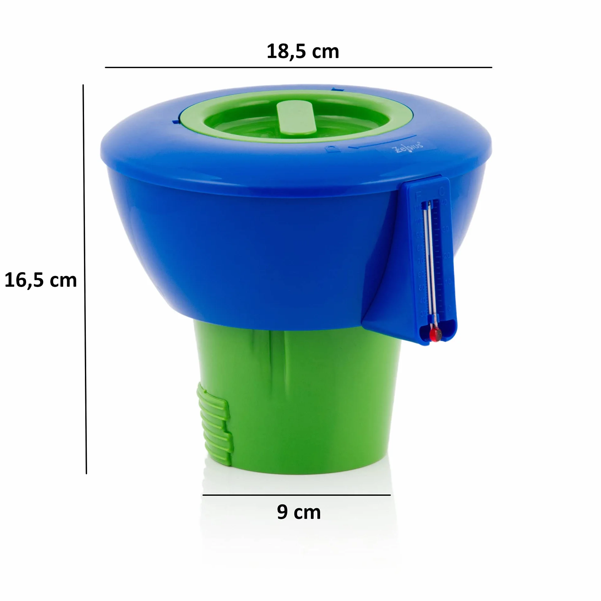 Zelsius Pływak dozujący do basenu z termometrem, dozownik chloru do tabletek o średnicy 9 cm, dozownik chloru do basenu, pływaka z chlorem, basenu, pływający dozownik chloru