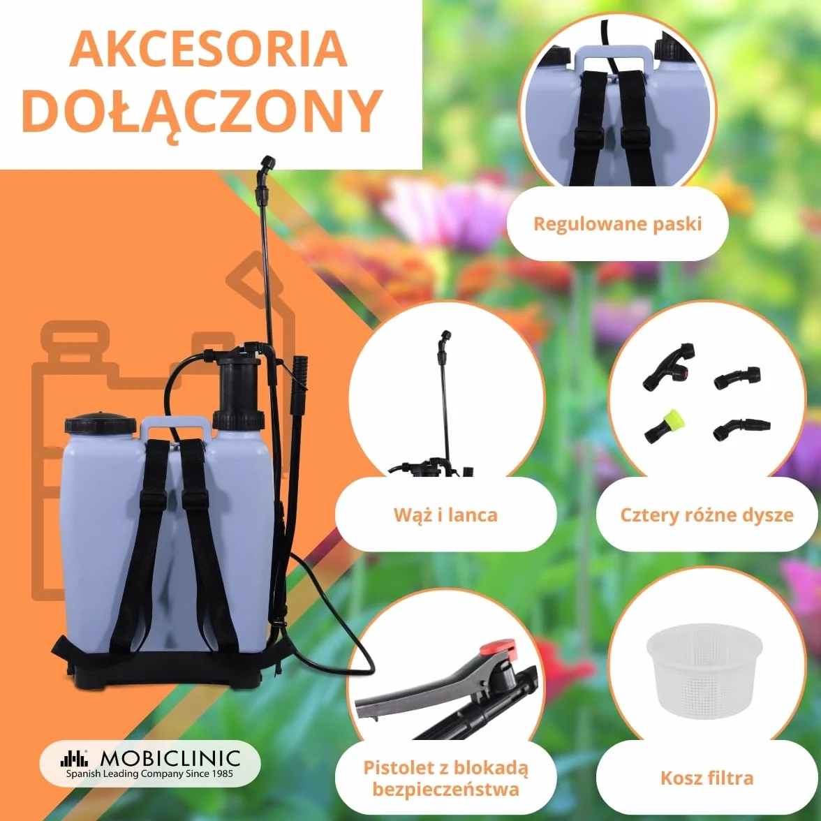 Mobiclinic®, Plecak opryskiwacz, 16 L, Ogrodnictwo, Ciśnienie Pompy, 4 Regulowane Dysze, Lekki 2 kg, Opryskiwacz, Nawadnianie, Zwalczanie Szkodników, Pielęgnacja Roślin, Fumibug