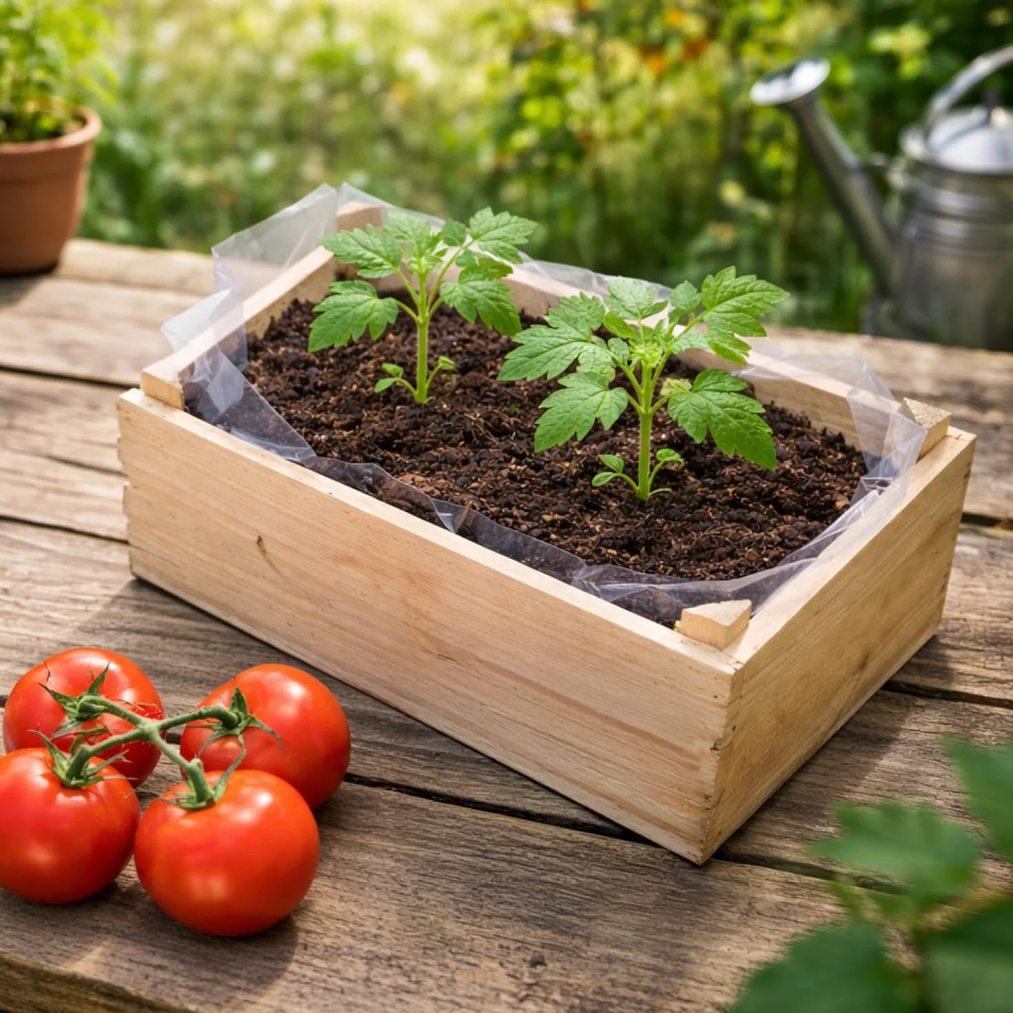 Zestaw do uprawy pomidorów ze skrzynką drewnianą – mini ogród na balkon (Pomidor 1 szt)