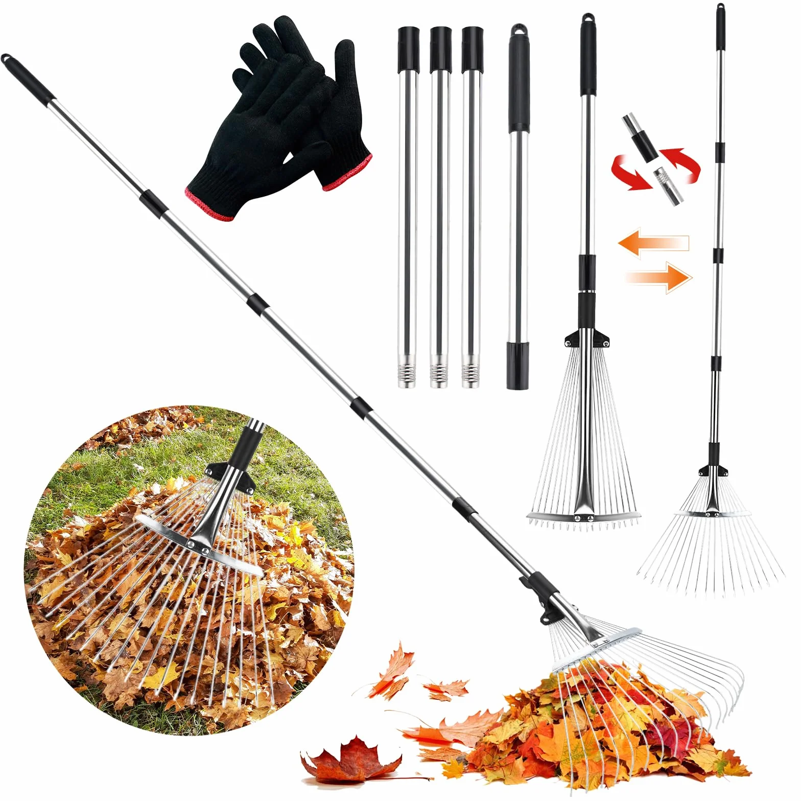 JOYBOY Grabie do Liści z 18 Zębami, Grabie Ogrodowe z Trzonkiem 213 cm, Regulowany Drążek Metalowy, Szerokość Robocza 20-40 cm, Grabie Wachlarzowe do Trawnika, Ogrodu i Podwórka (z Rękawicami w Zestaw