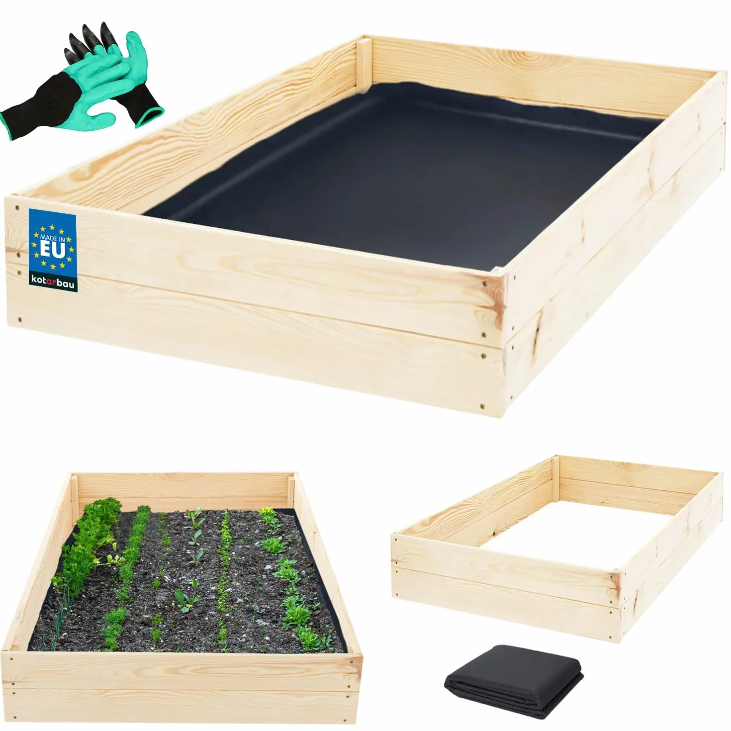 KOTARBAU® Skrzynka Drewniana na Warzywa - 140 X 80 X 18 CM - Warzywniak z Agrowłókniną - Skrzynia Uprawowa - Rękawiczki Pazurki