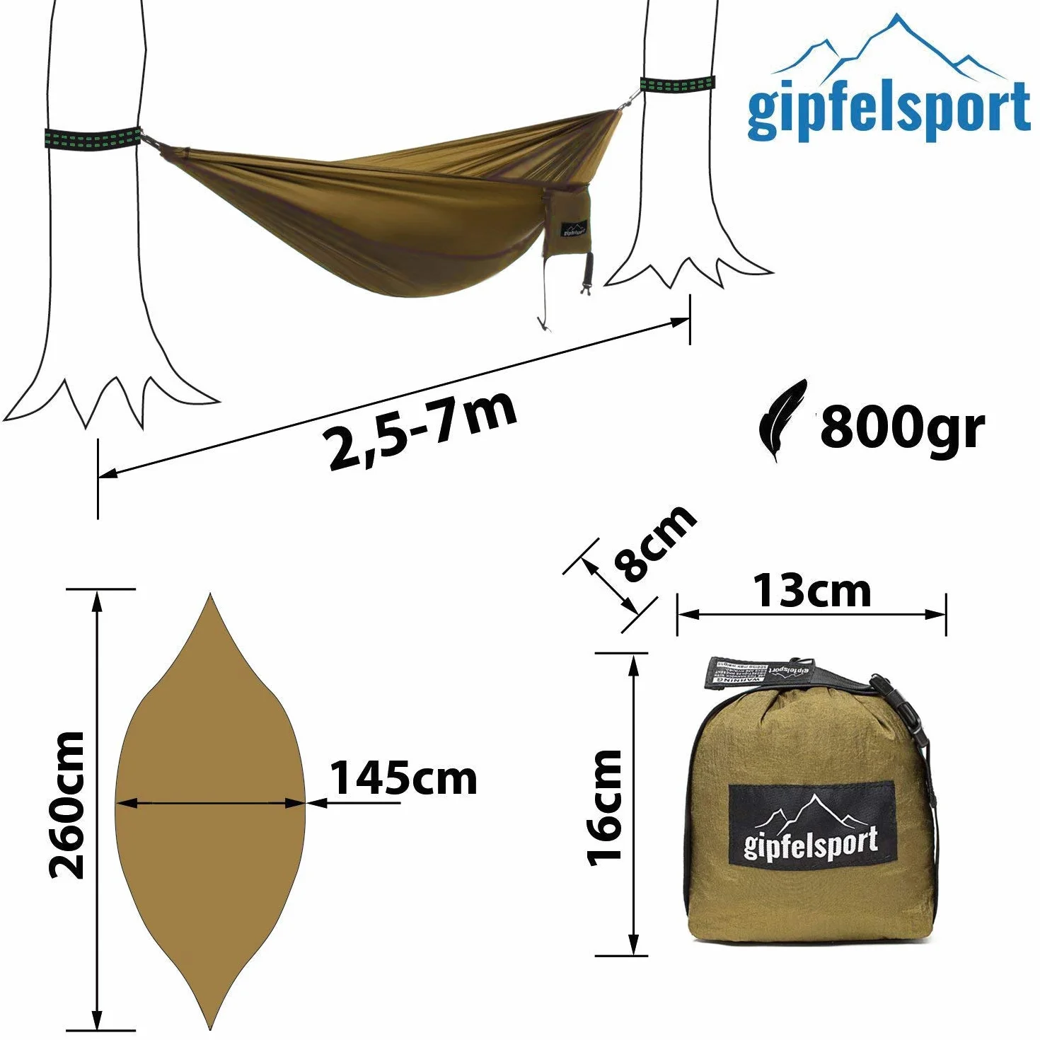 gipfelsport Ultralekki hamak z oliwkowego jedwabiu spadochronowego ze sznurkami