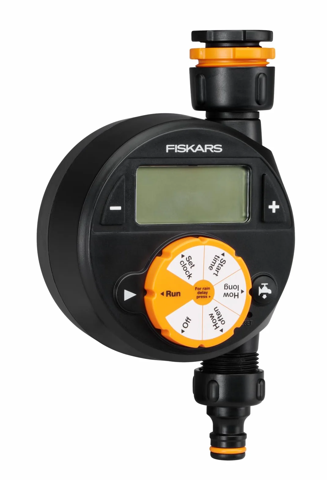 Fiskars Sterownik nawadniania, Pojedynczy, Do wszystkich popularnych rozmiarów kranów, Duży, czytelny wyświetlacz LCD sprawia, Uniwersalny rozmiar, 380 g, Czarny/Pomarańczowy, 1054791