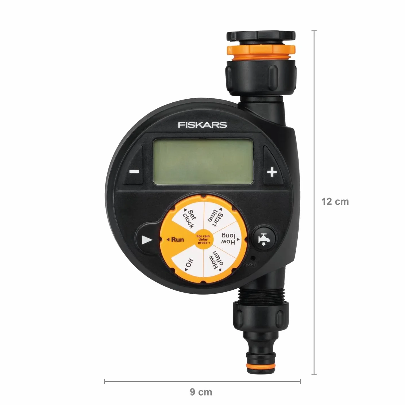Fiskars Sterownik nawadniania, Pojedynczy, Do wszystkich popularnych rozmiarów kranów, Duży, czytelny wyświetlacz LCD sprawia, Uniwersalny rozmiar, 380 g, Czarny/Pomarańczowy, 1054791