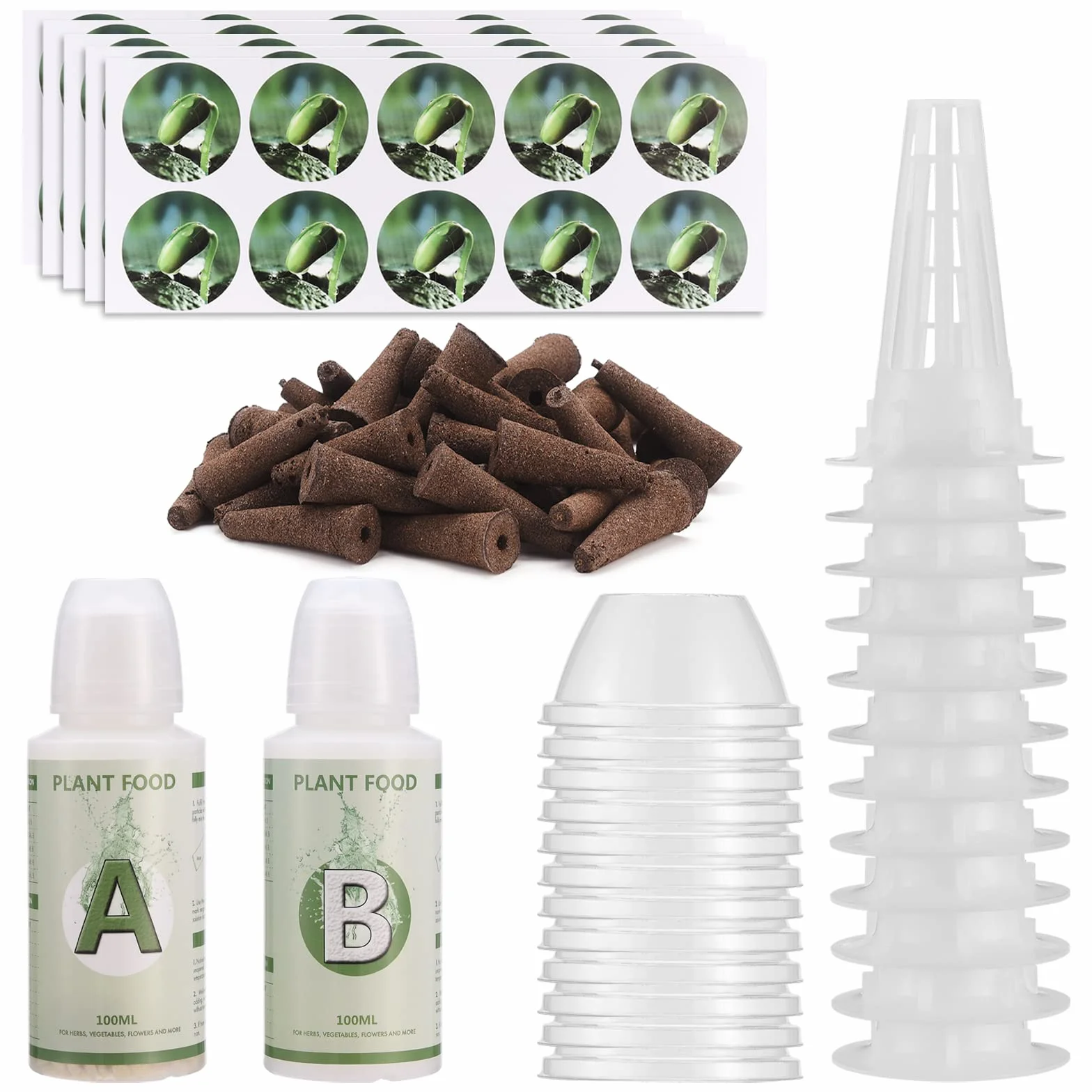 Zestaw 126 strąków nasion do hydroponiki, zestaw strąków roślin A&B nawożenie stałych roślin z 12 koszami do uprawy, 25 gąbek, 12 kopuł, 50 etykiet do IDOO, QYO, LYKO