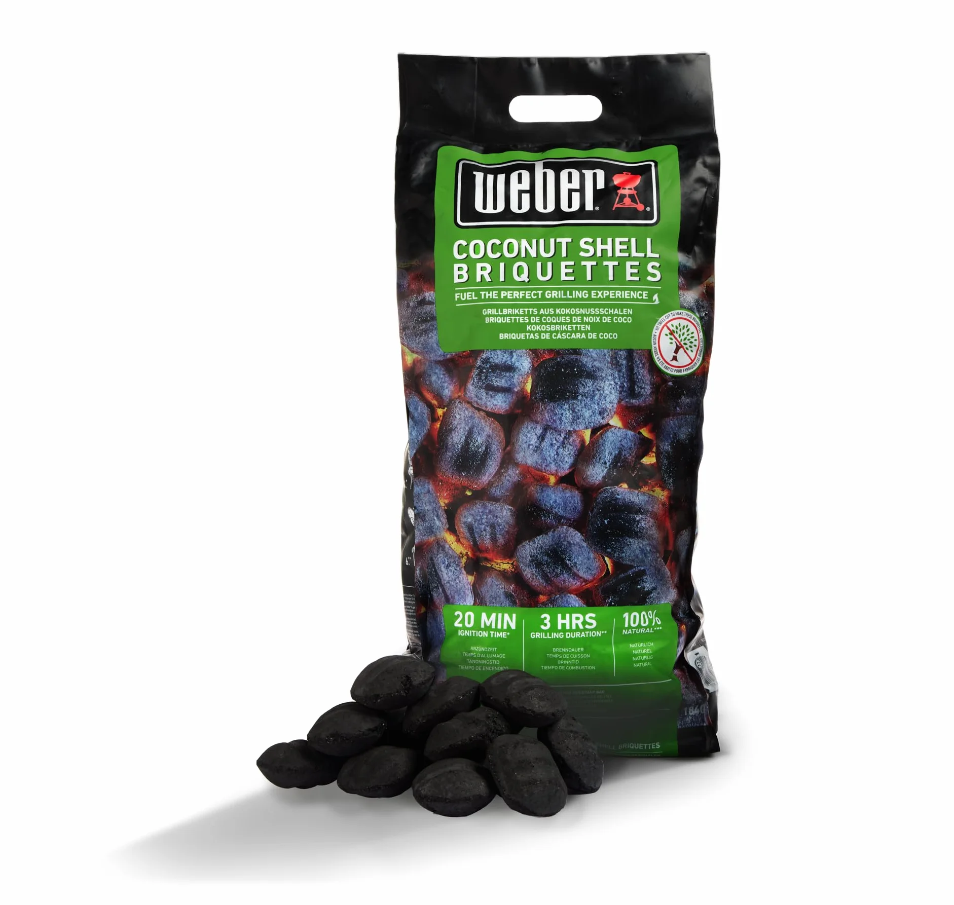 Weber Brykiet do Grilla z Skorup Kokosa (8kg Worek), Wydajny, do Długiego i Stabilnego Żaru, Idealny do Długiego Grillowania Mięsa, 100% Naturalny (18402)
