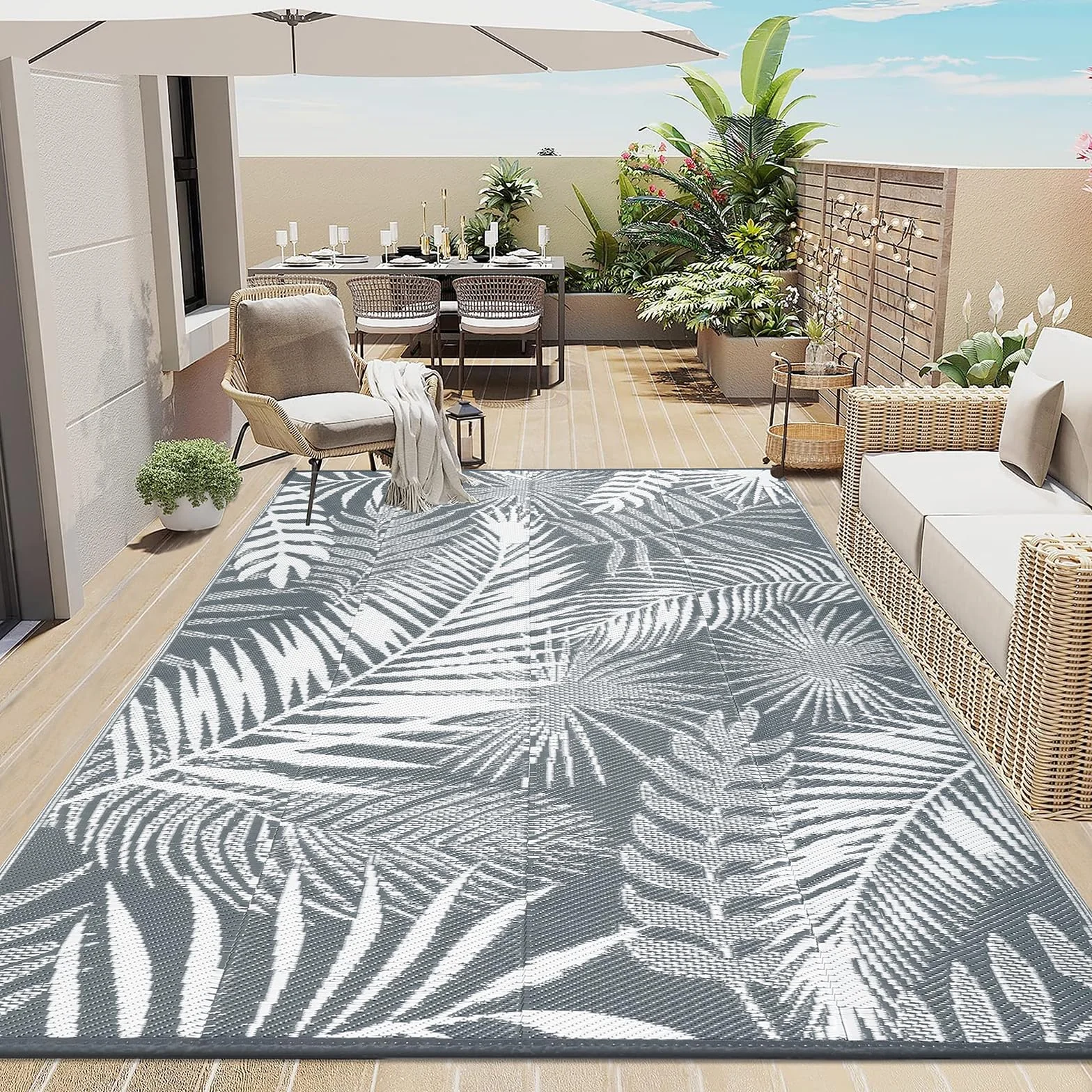 Enyhom Duży dywan do ogrodu, wodoodporny, 240 x 300 cm, dwustronny, plastikowy, słomkowy, przenośny, składany, piknikowy, dla kampera, patio, podwórka, tarasu, kempinga
