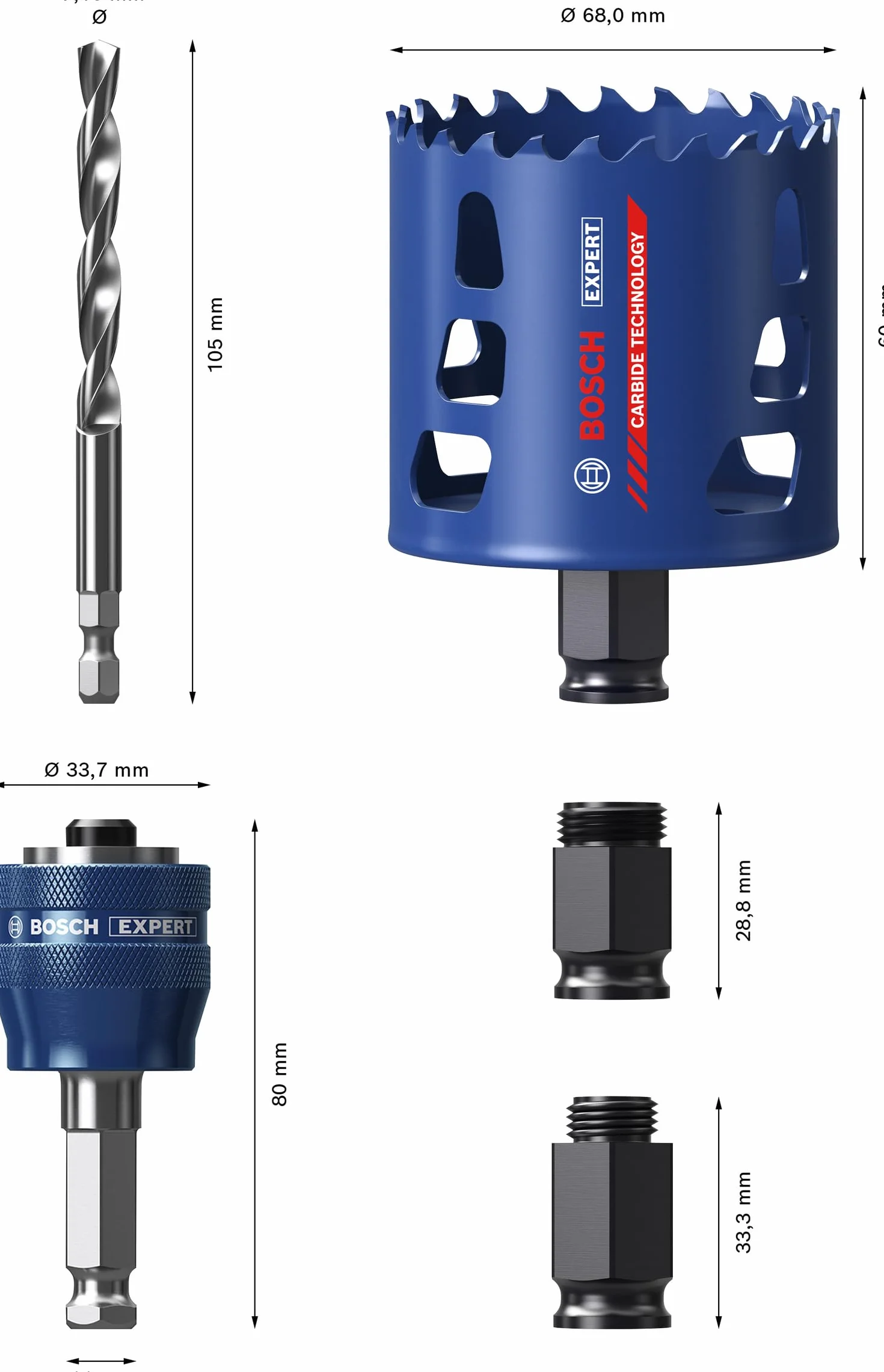 Bosch 3x Zestaw startowy otwornic EXPERT Multi Material PC Plus (do Drewno z metalem, Cegła, Ø 68 mm, Professional Akcesoria Wiertarki)