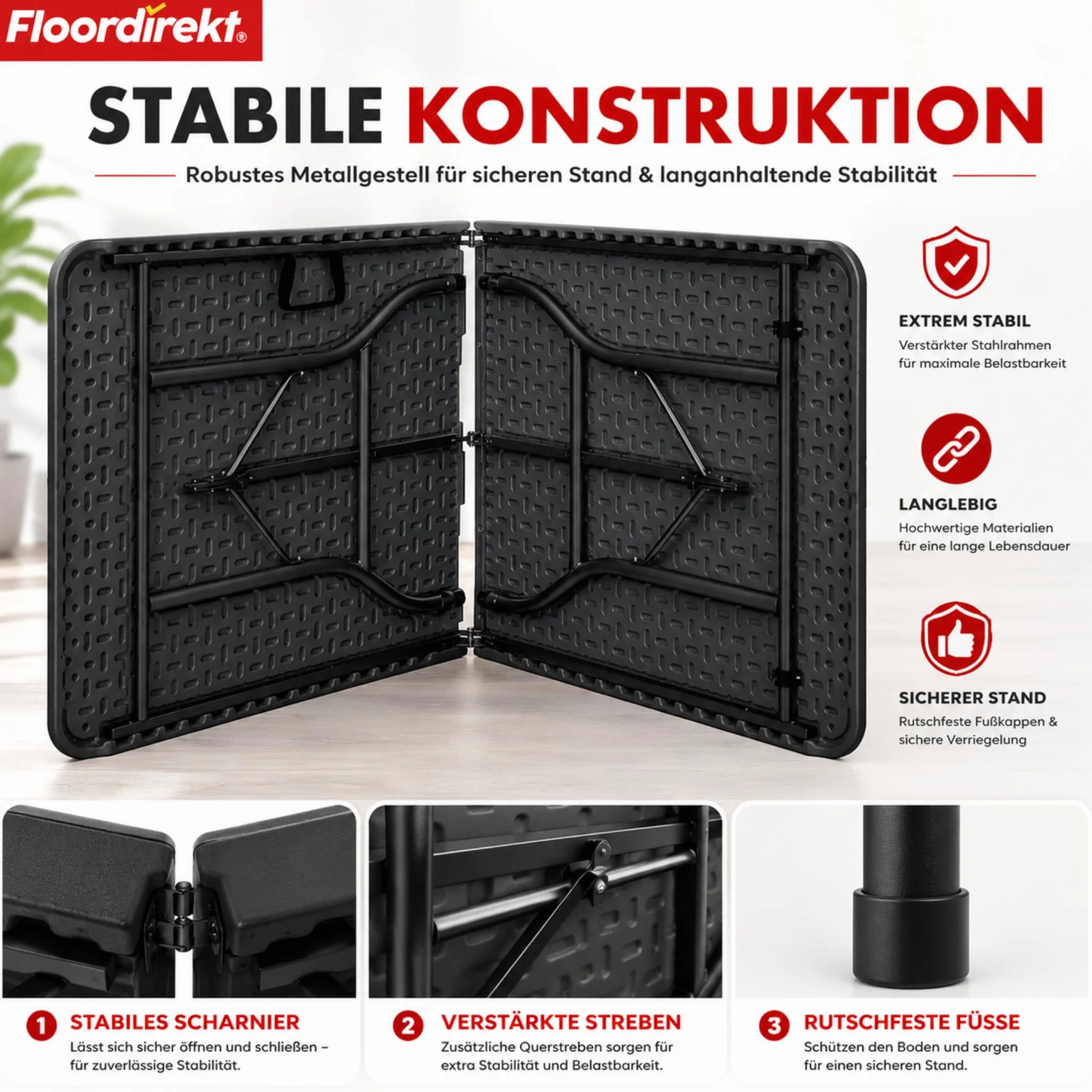 Floordirekt - Składany stół ogrodowy z tworzywa sztucznego 180 x 73 cm – stół bufetowy z uchwytem do noszenia – składany stół do ogrodu, na taras i balkon – stół kempingowy dla 6 osób (Kioto)