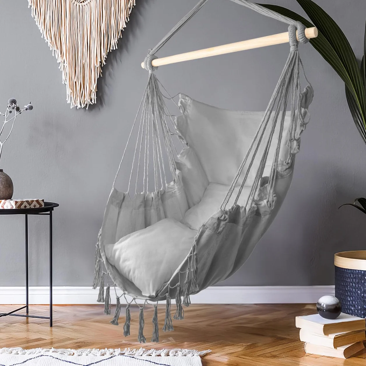 MalTec fotel wiszący do ogrodu, fotel Brasilian Cocoon z poduszkami, fotel wiszący do użytku wewnątrz i na zewnątrz, kolor szary, fotel do zawieszenia, obciążenie do 120 kg