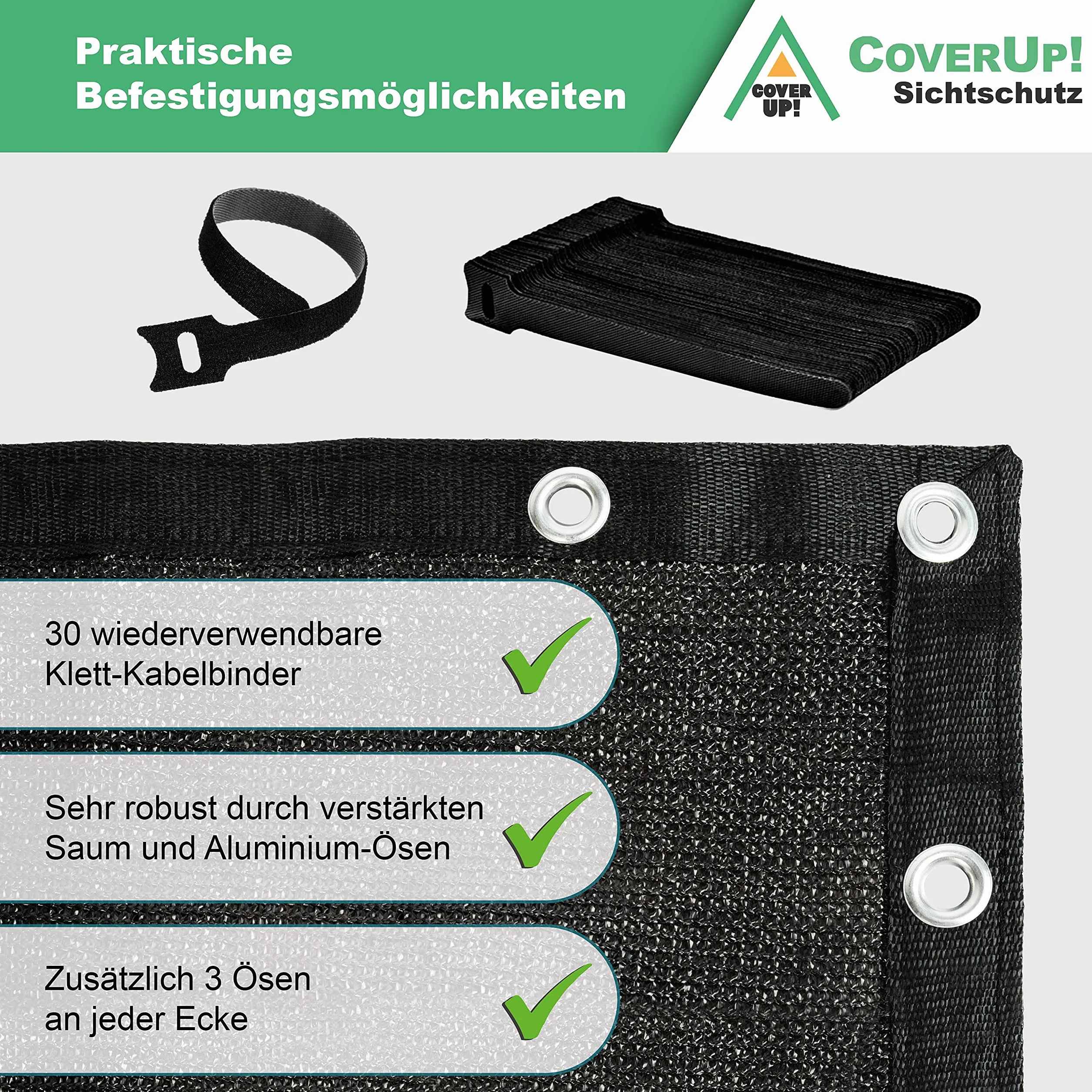 CoverUp! Osłona balkonowa 0,9 x 3 m czarna 180 g/m² z opaskami na rzepy